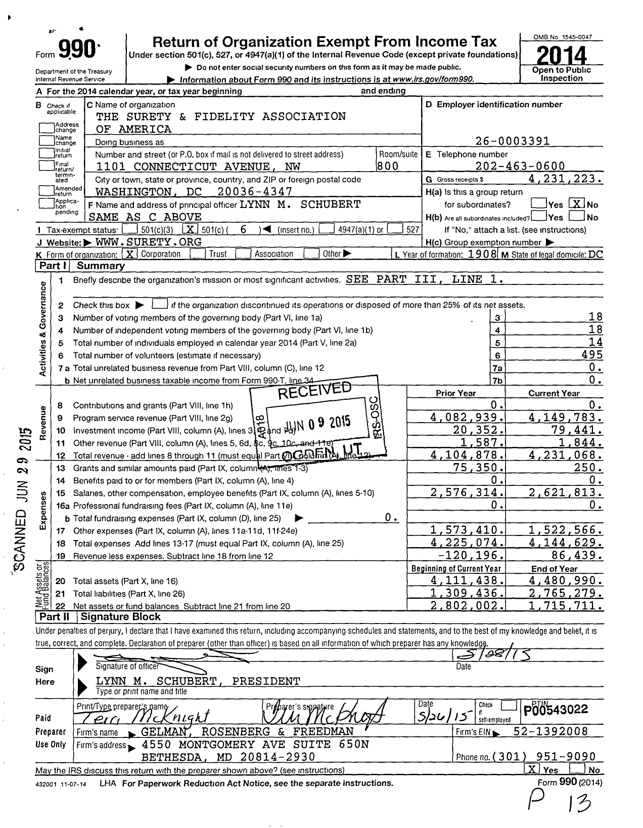 Image of first page of 2014 Form 990O for Surety and Fidelity Association of America (SFAA)