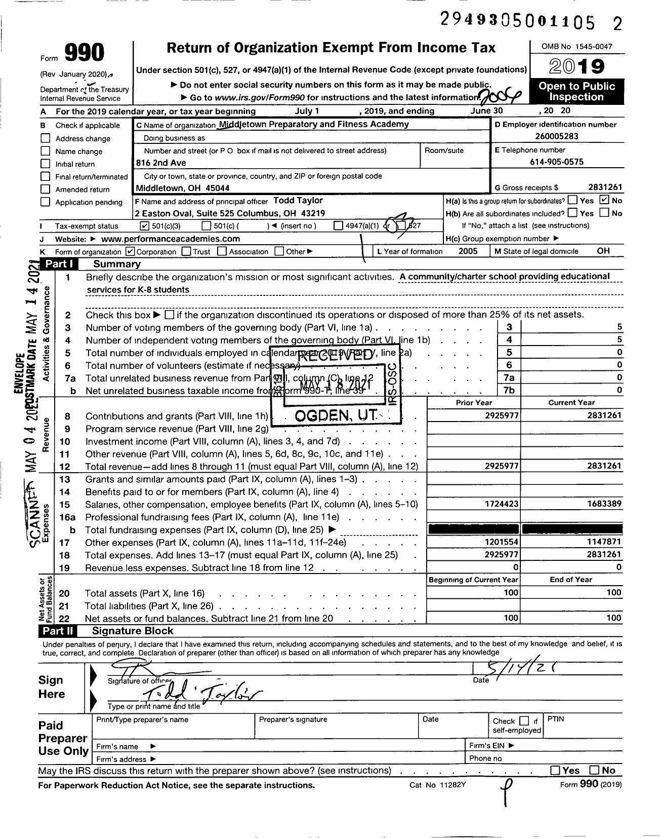 Image of first page of 2019 Form 990 for Middletown Preparatory and Fitness Academy