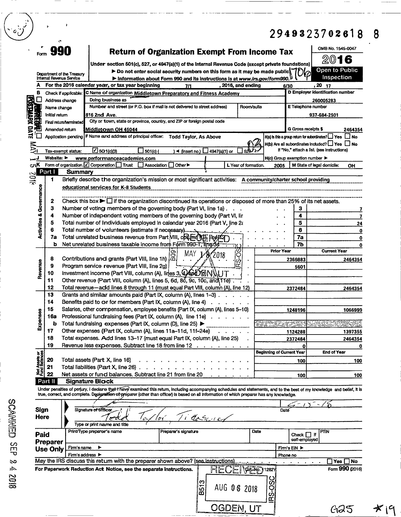 Image of first page of 2016 Form 990 for Middletown Preparatory and Fitness Academy