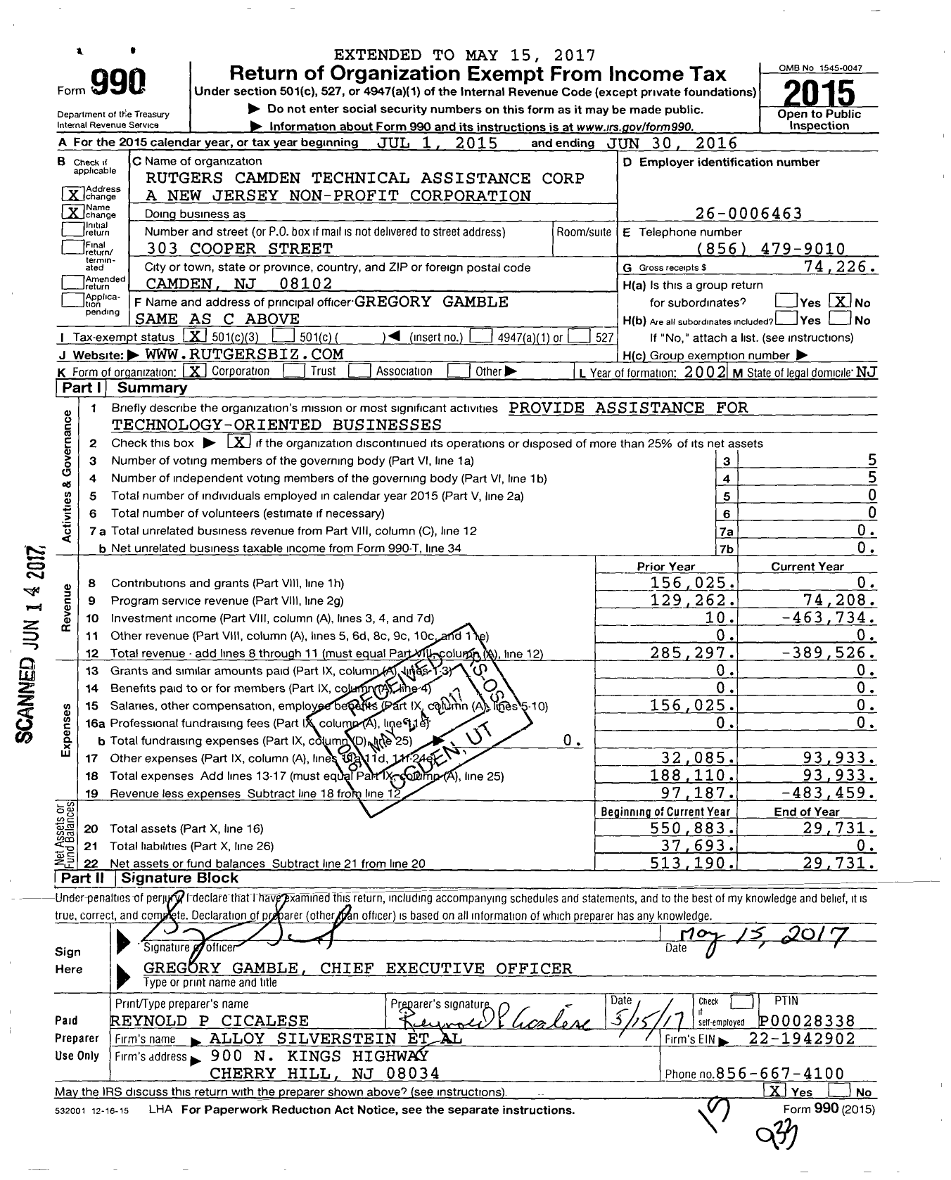 Image of first page of 2015 Form 990 for Rutgers Camden Technical Assistance Corp A New Jersey Non-Profit Corporation