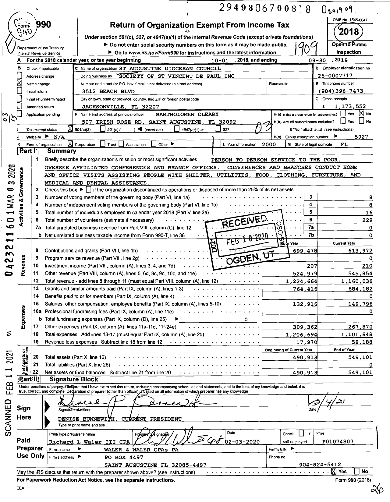 Image of first page of 2018 Form 990 for St Augustine Diocesan Council Society of St Vincent de Paul