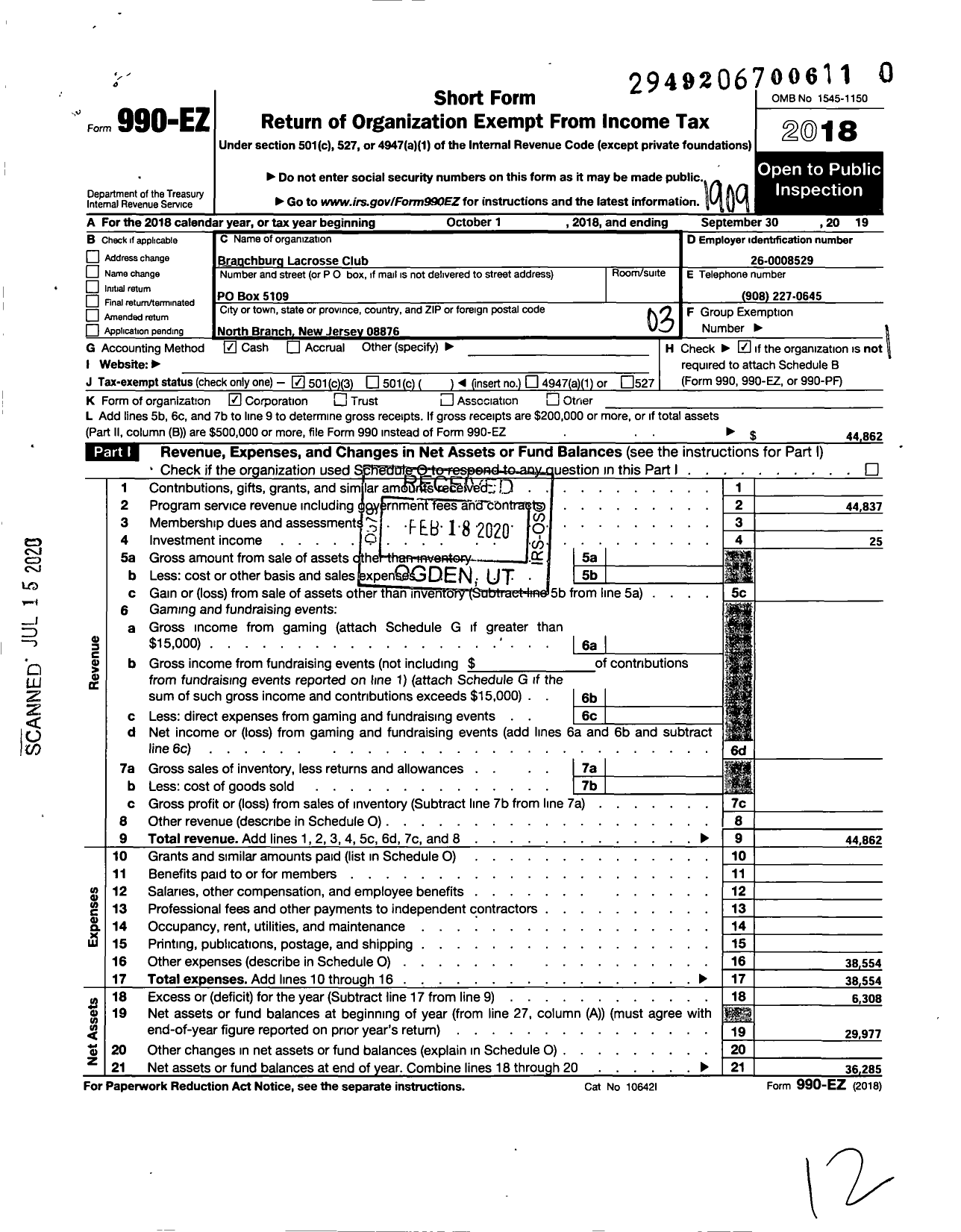 Image of first page of 2018 Form 990EZ for Branchburg Lacrosse Club