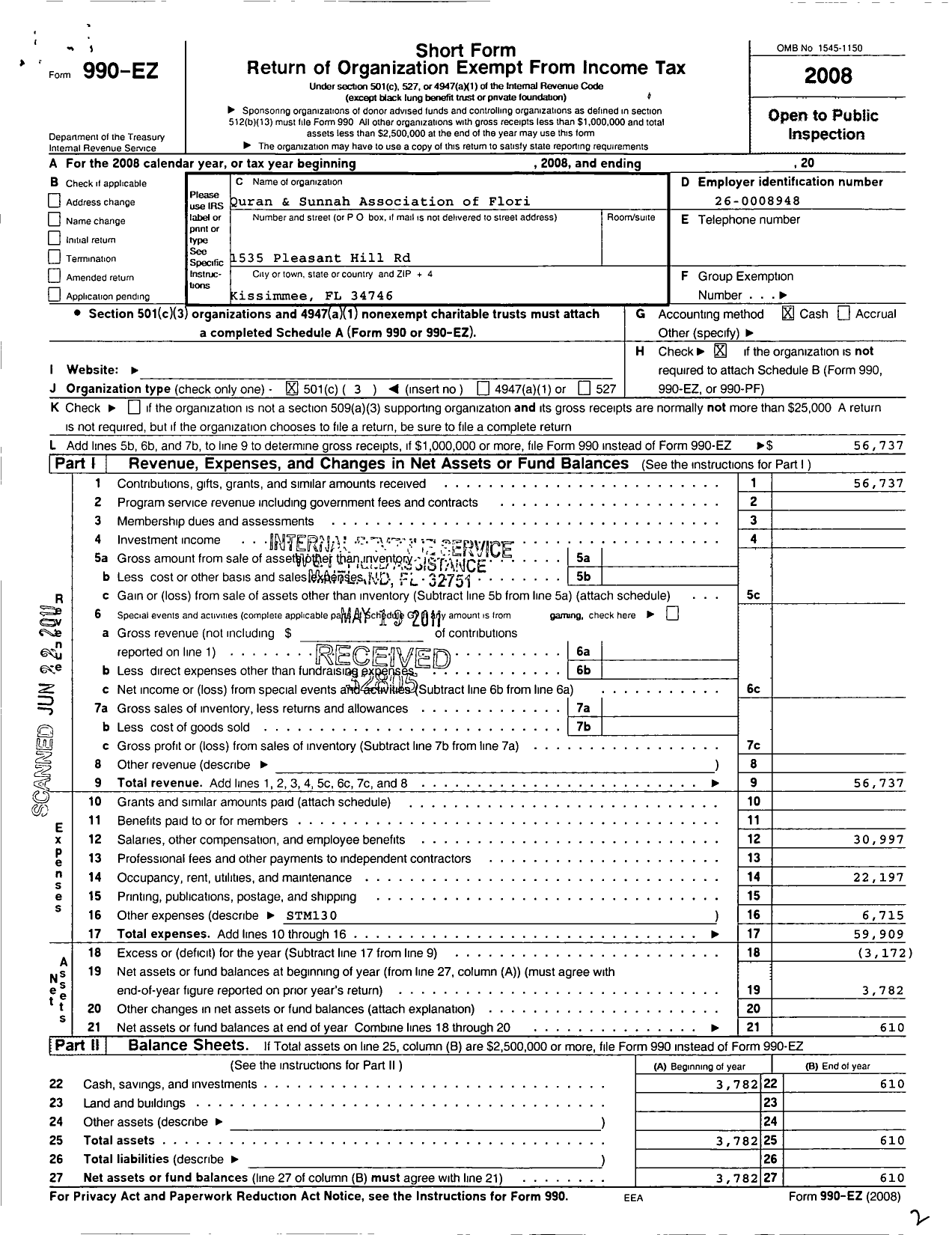 Image of first page of 2008 Form 990EZ for Quran and Sunnah Association of Florida