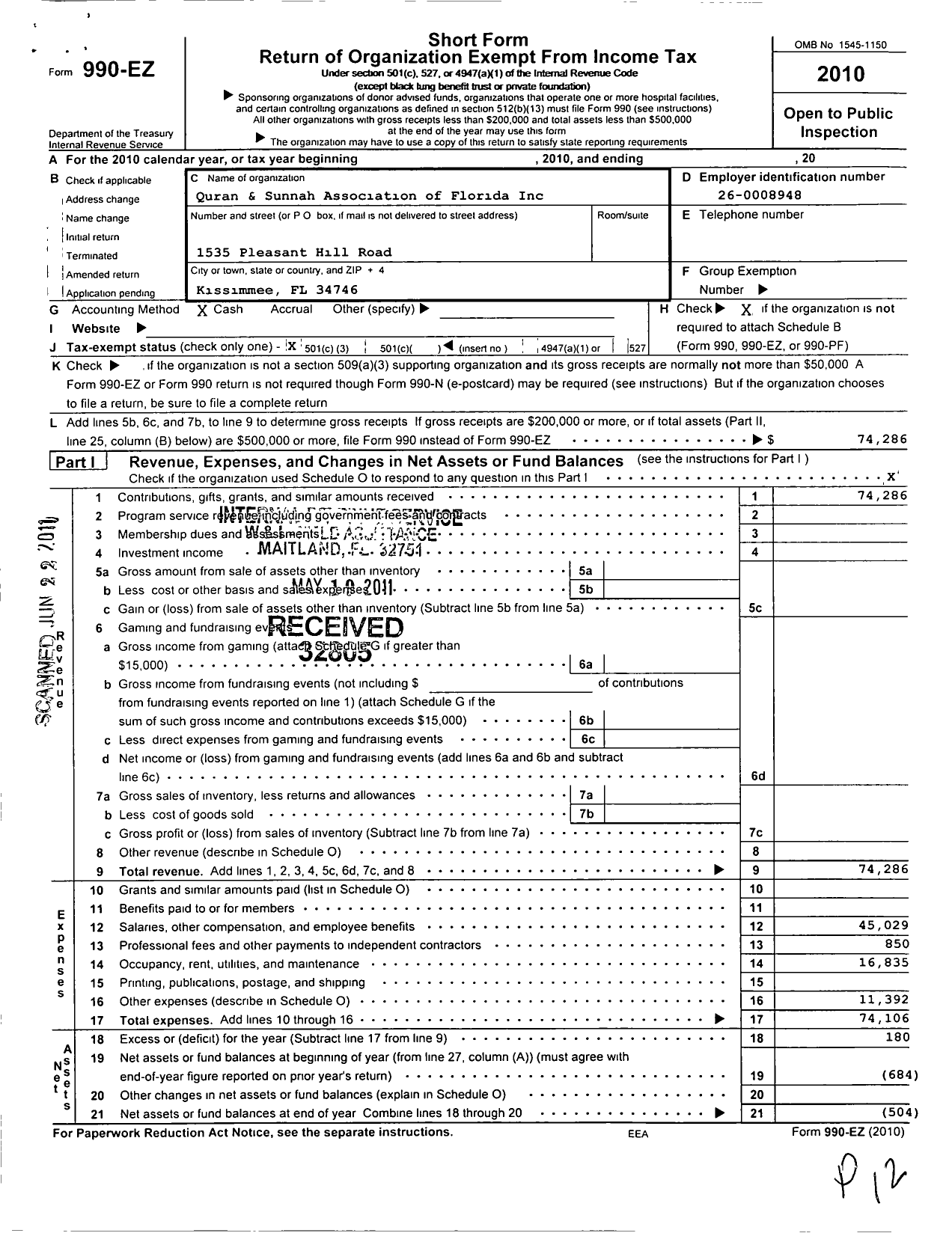 Image of first page of 2010 Form 990EZ for Quran and Sunnah Association of Florida