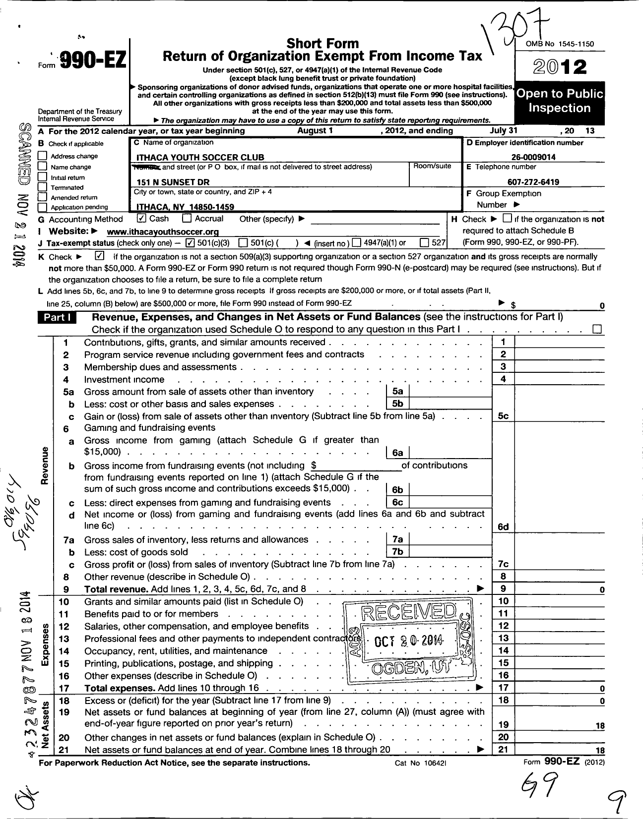 Image of first page of 2012 Form 990EZ for Ithaca Youth Soccer Academy