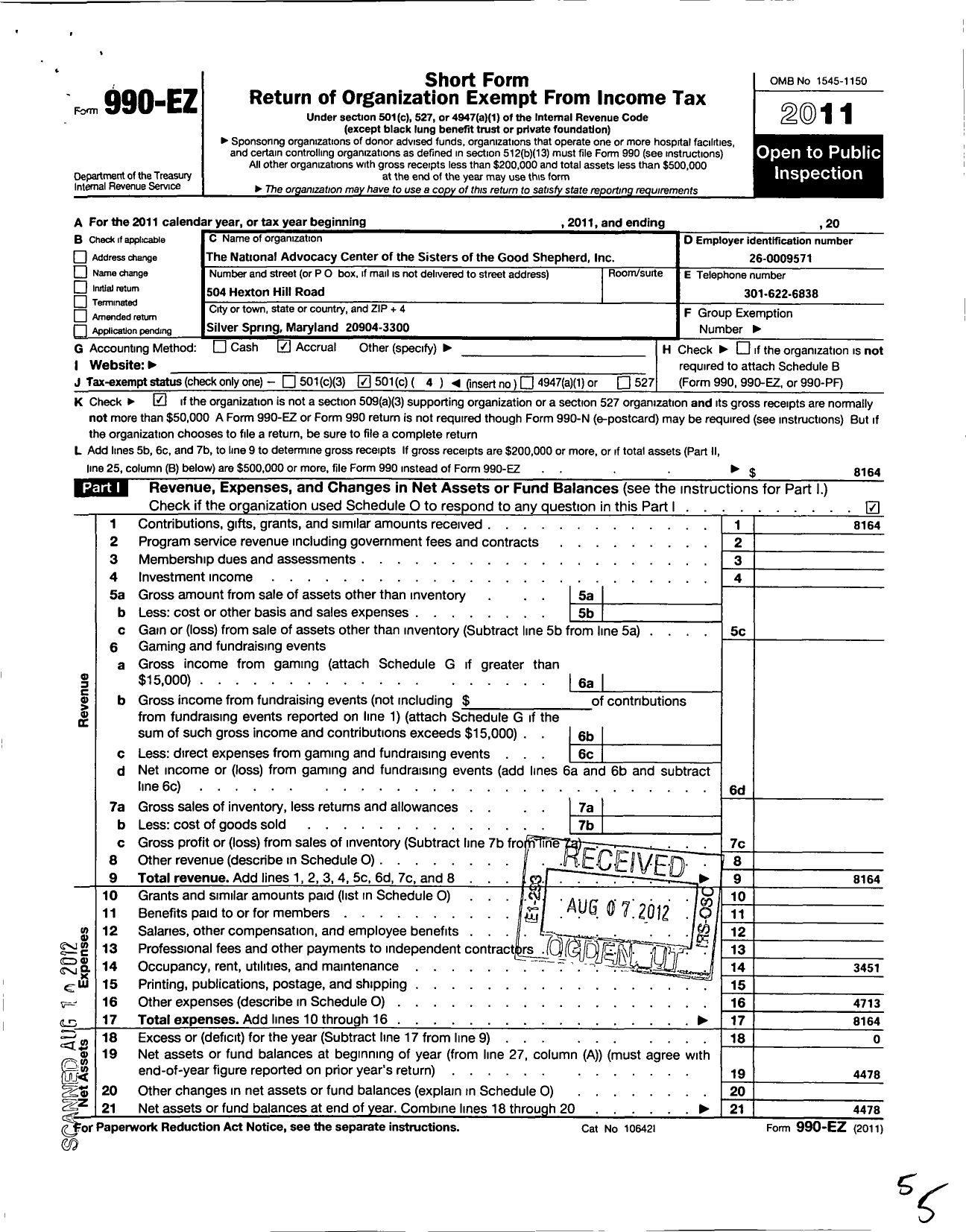 Image of first page of 2011 Form 990EO for The National Advocacy Center of the Sisters of the Good Shepherd