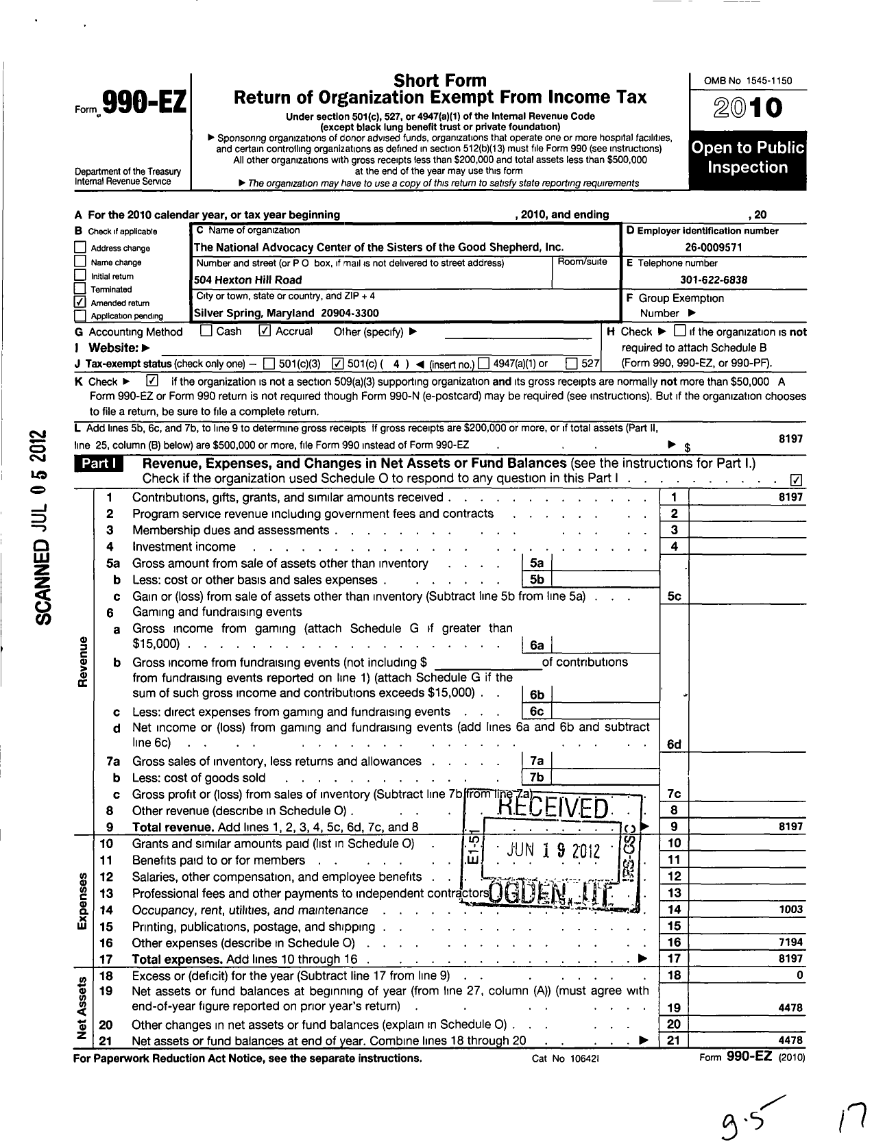 Image of first page of 2010 Form 990EO for The National Advocacy Center of the Sisters of the Good Shepherd