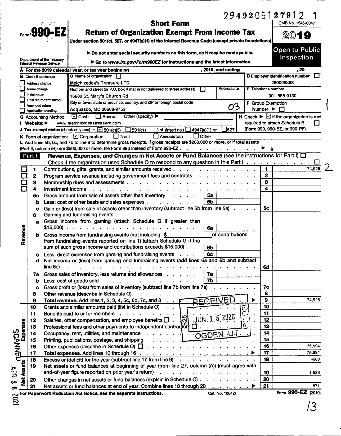 Image of first page of 2019 Form 990EZ for Melchizedeks Treasure