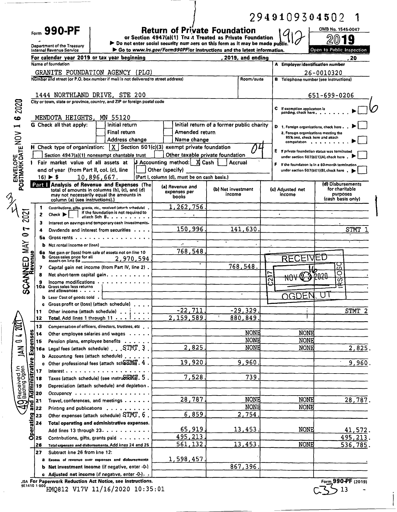 Image of first page of 2019 Form 990PF for Granite Foundation Agency