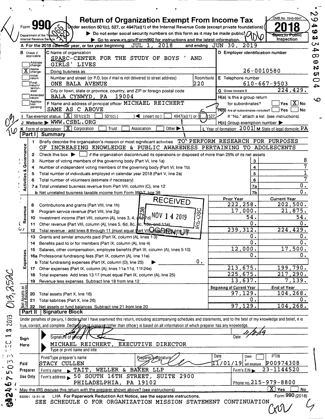 Image of first page of 2018 Form 990 for Sparc / Center for the Study of Boys and Girls' Lives