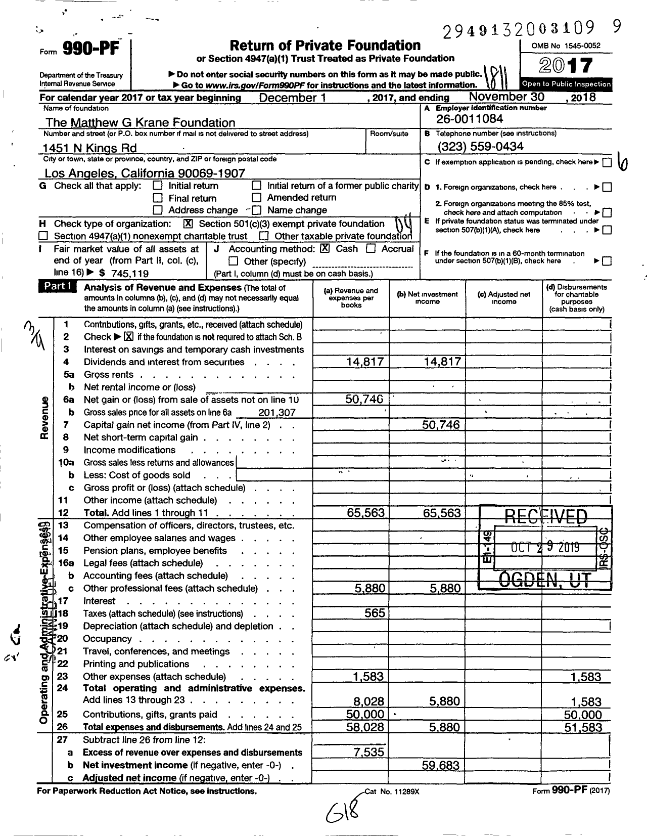 Image of first page of 2017 Form 990PF for Matthew G Krane Foundation