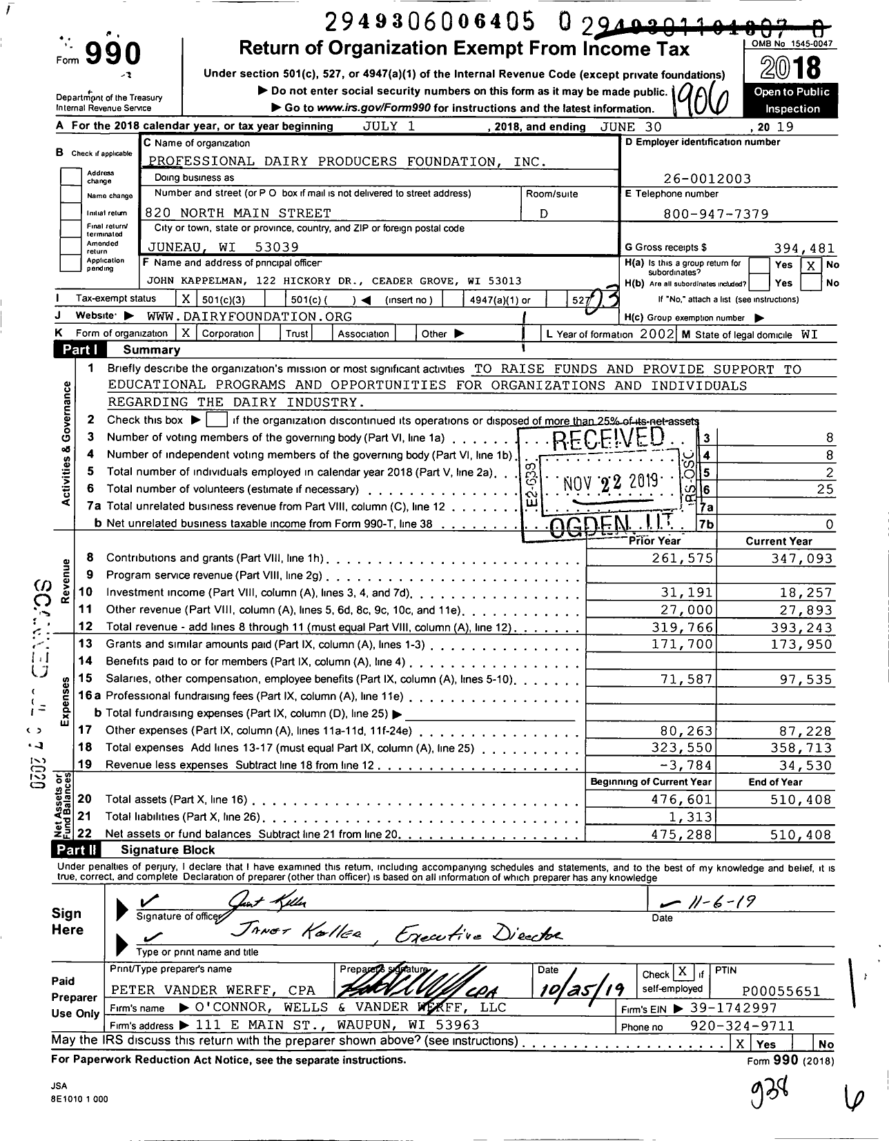 Image of first page of 2018 Form 990 for Professional Dairy Producers Foundation