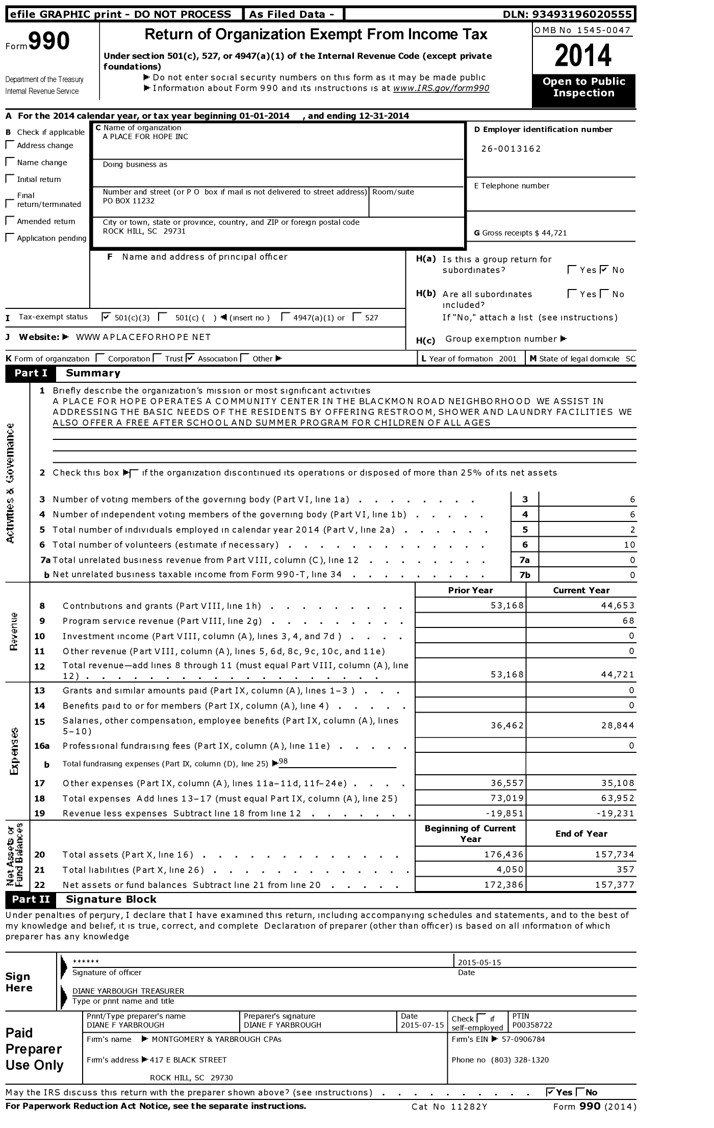 Image of first page of 2014 Form 990 for A Place for Hope