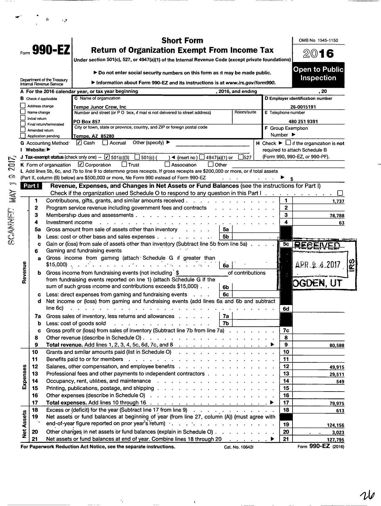 Image of first page of 2016 Form 990EZ for Tempe Junior Crew