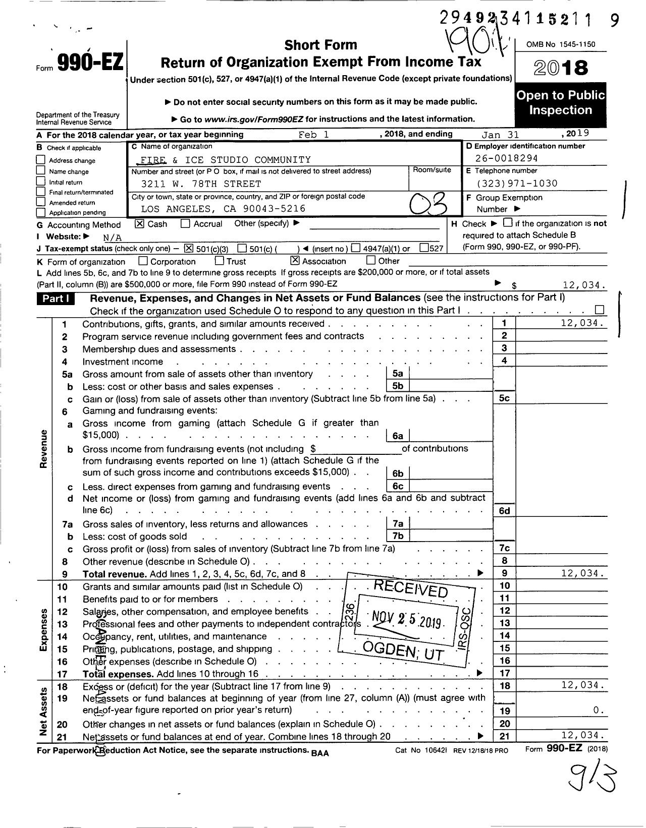 Image of first page of 2018 Form 990EZ for Fire and Ice Studio Community