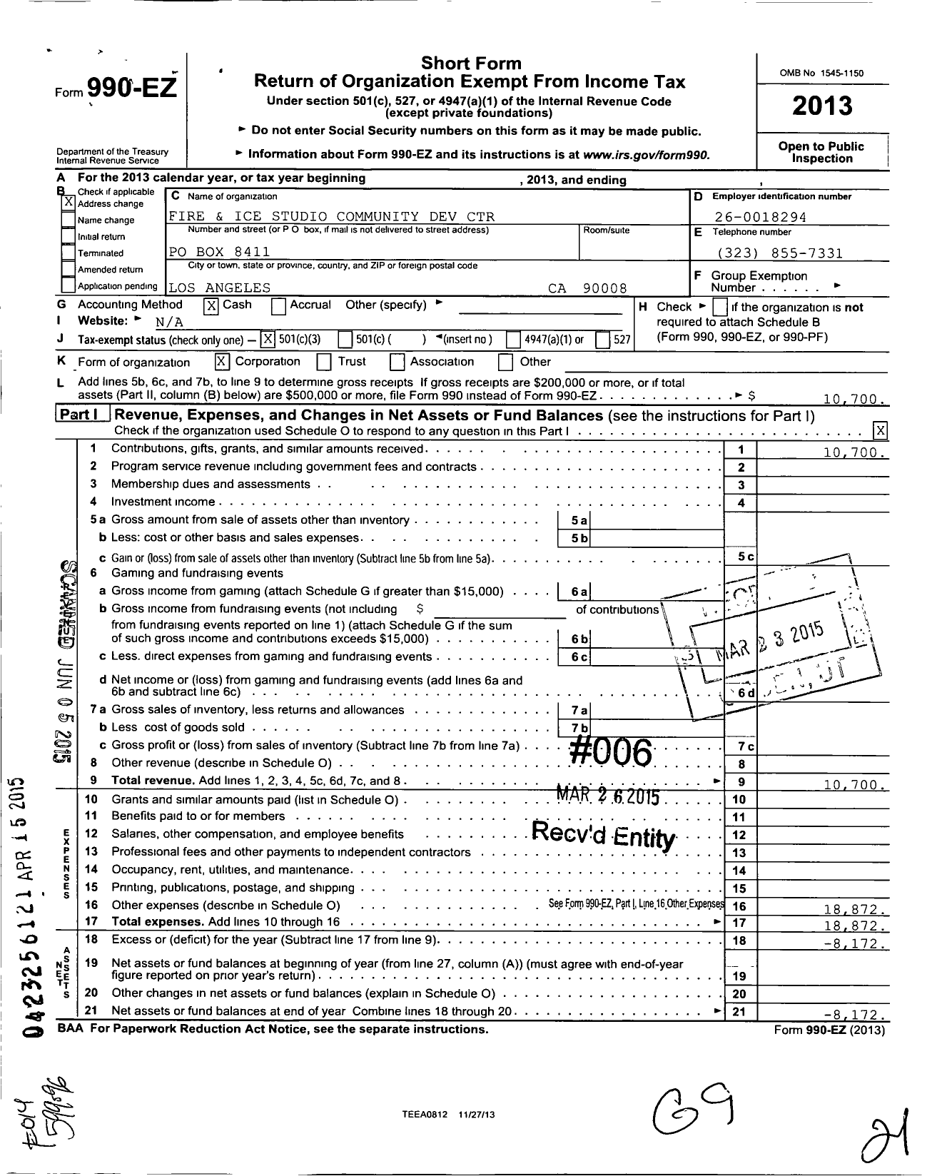 Image of first page of 2013 Form 990EZ for Fire and Ice Studio Community