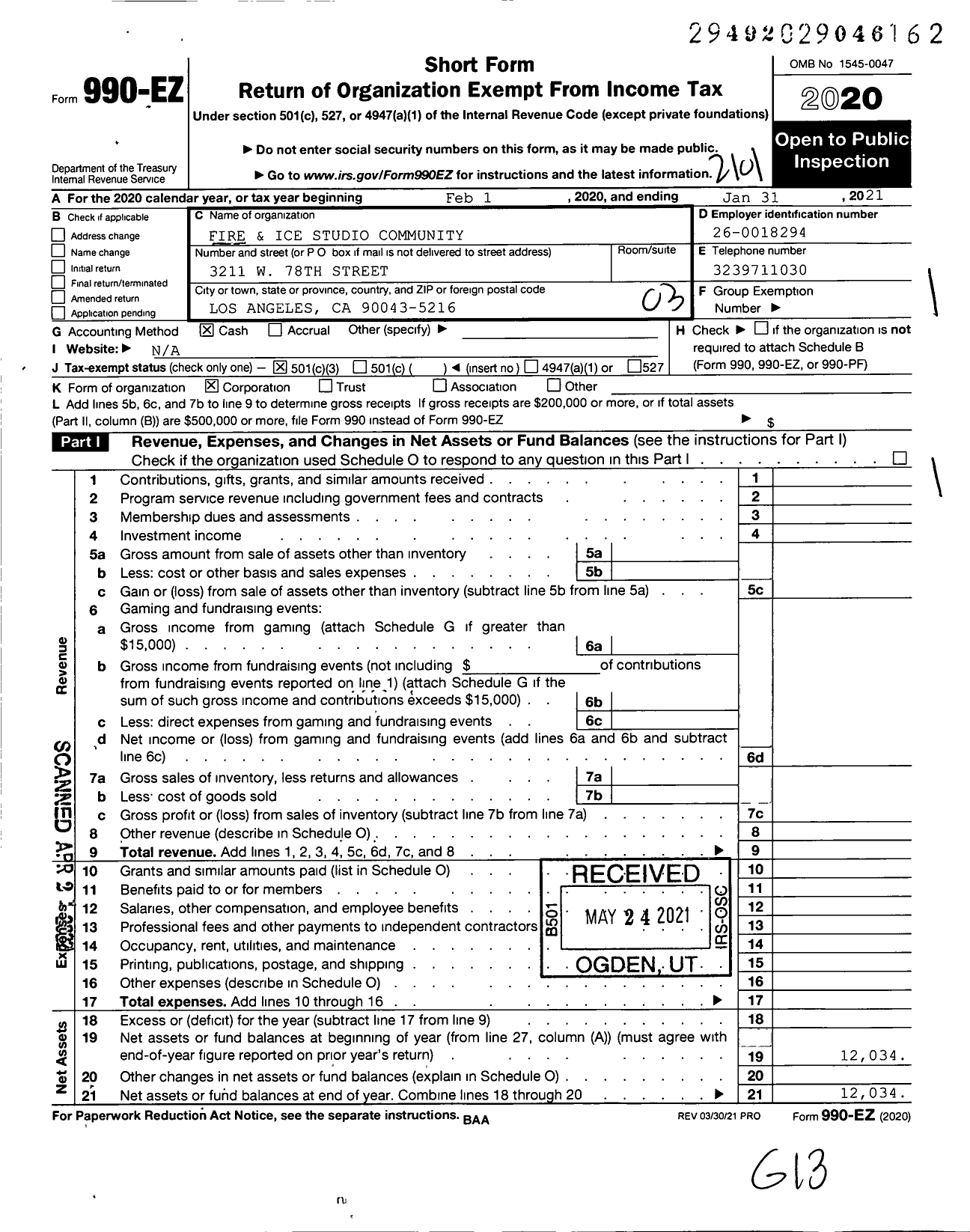 Image of first page of 2020 Form 990EZ for Fire and Ice Studio Community