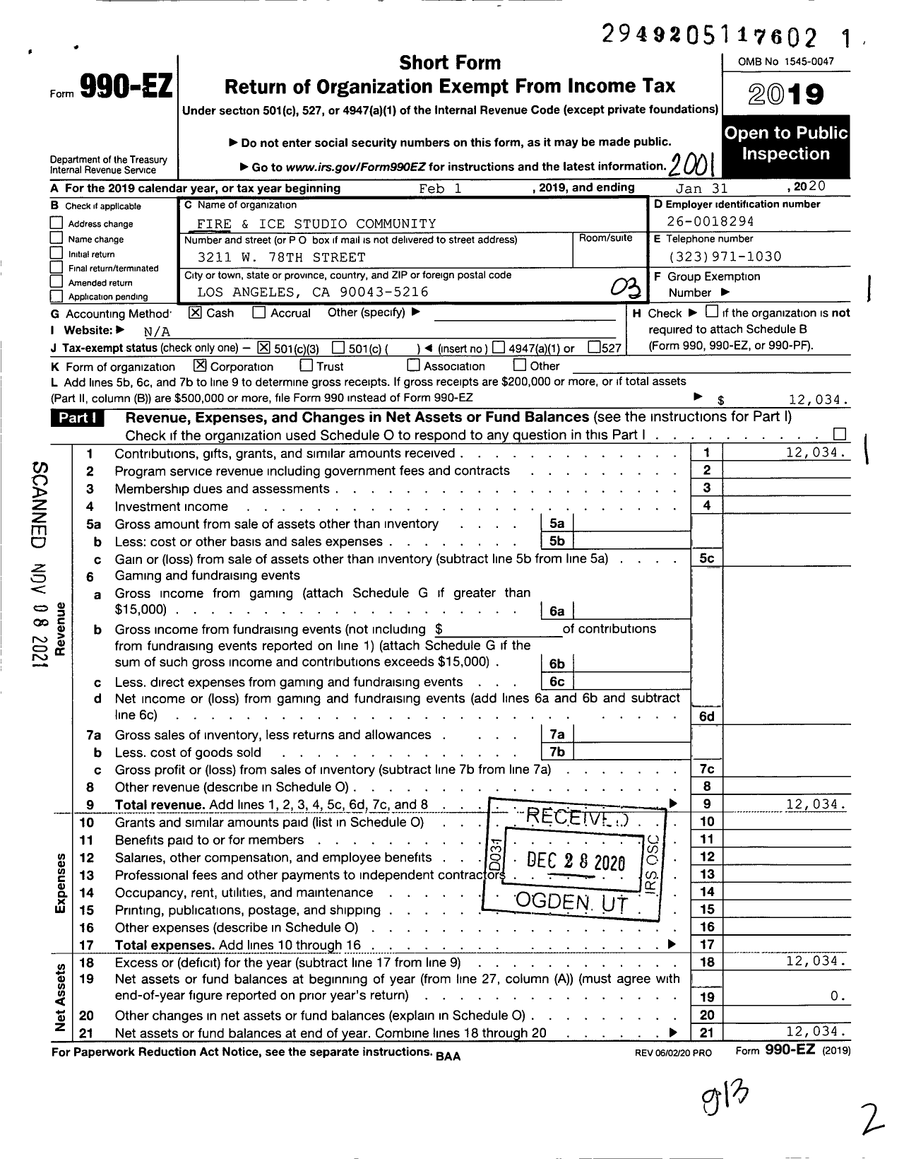 Image of first page of 2019 Form 990EZ for Fire and Ice Studio Community