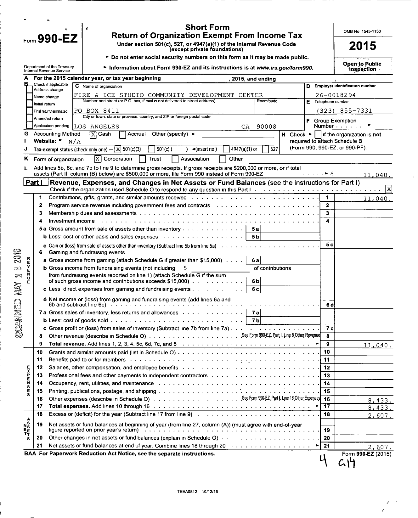 Image of first page of 2015 Form 990EZ for Fire and Ice Studio Community