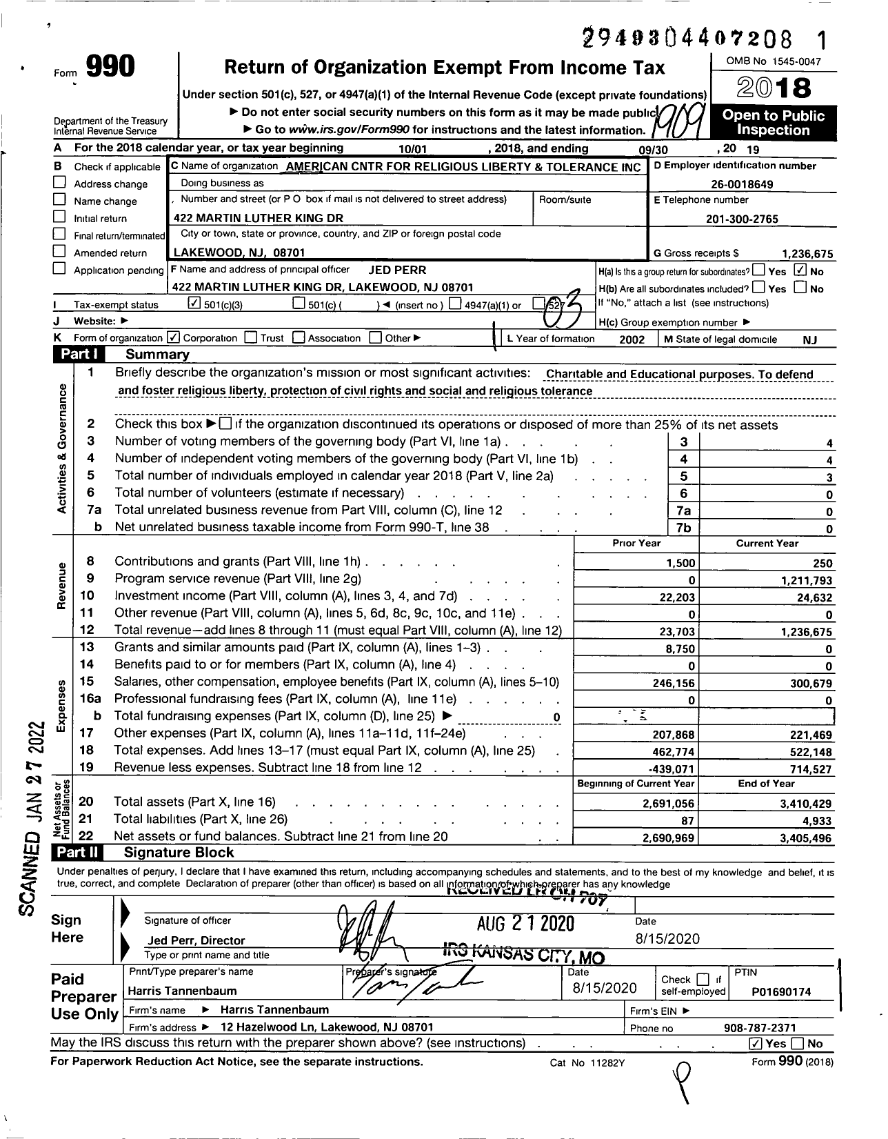 Image of first page of 2018 Form 990 for American Center for Religious Liberty and Tolerance