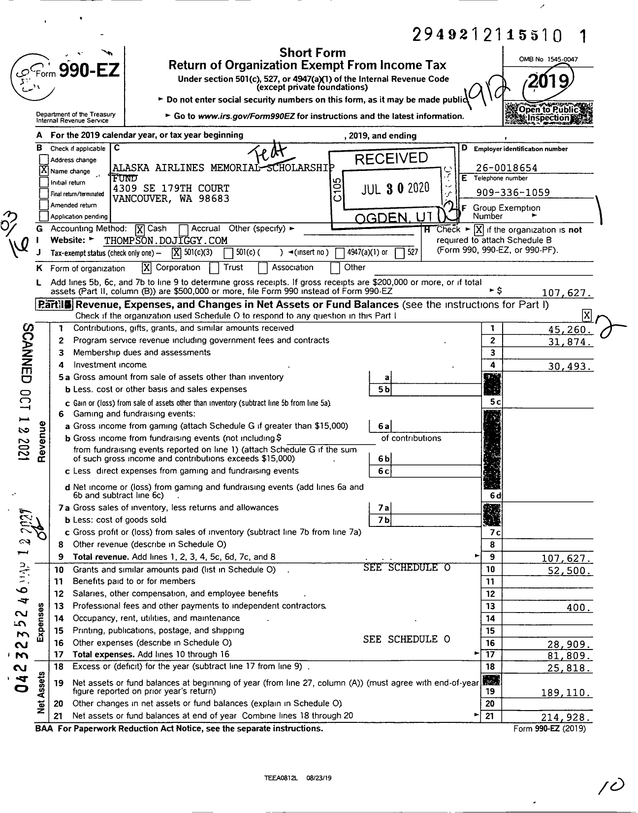 Image of first page of 2019 Form 990EZ for Alaska Airlines Memorial Scholarship Fund