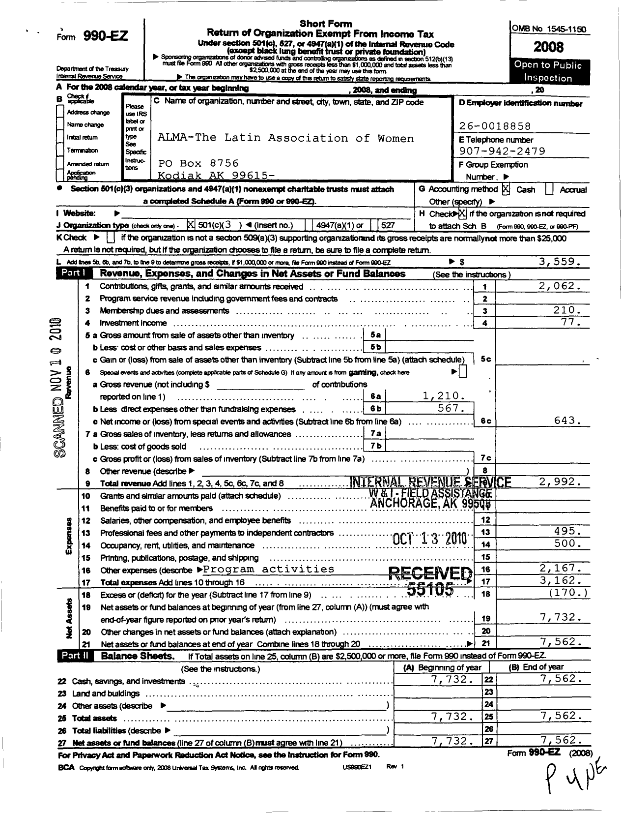 Image of first page of 2008 Form 990EZ for Alma-The Latin Association of Women in Alaska