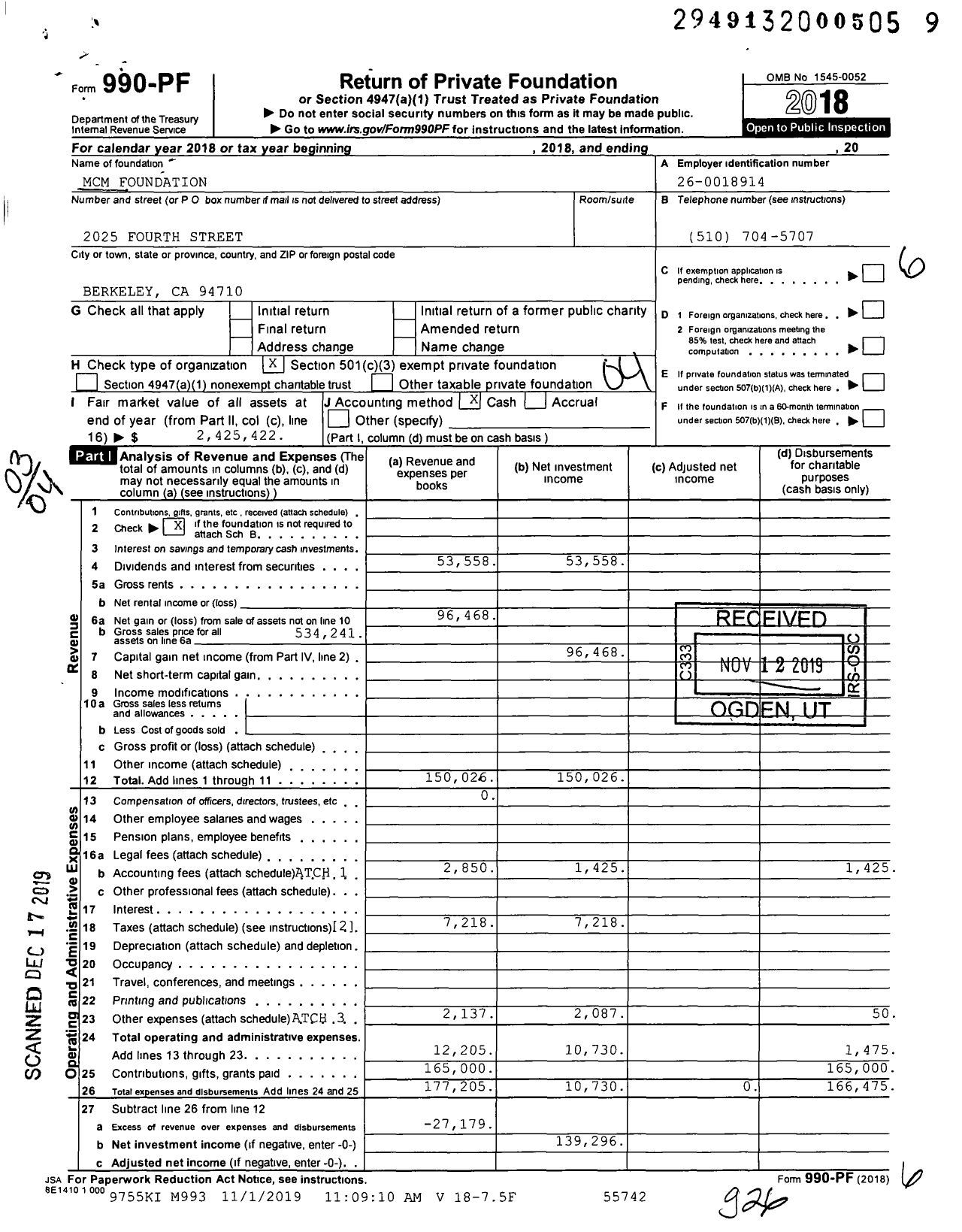 Image of first page of 2018 Form 990PF for MCM Foundation
