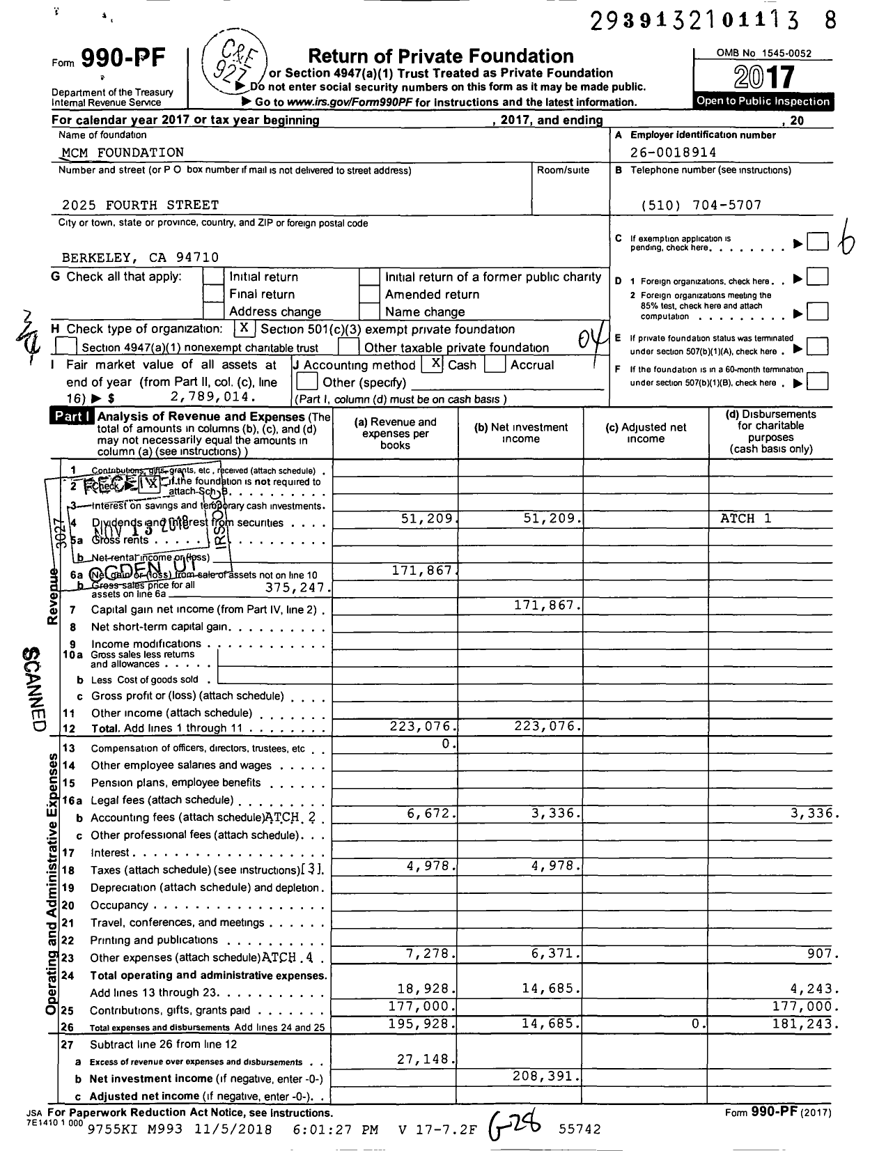 Image of first page of 2017 Form 990PF for MCM Foundation