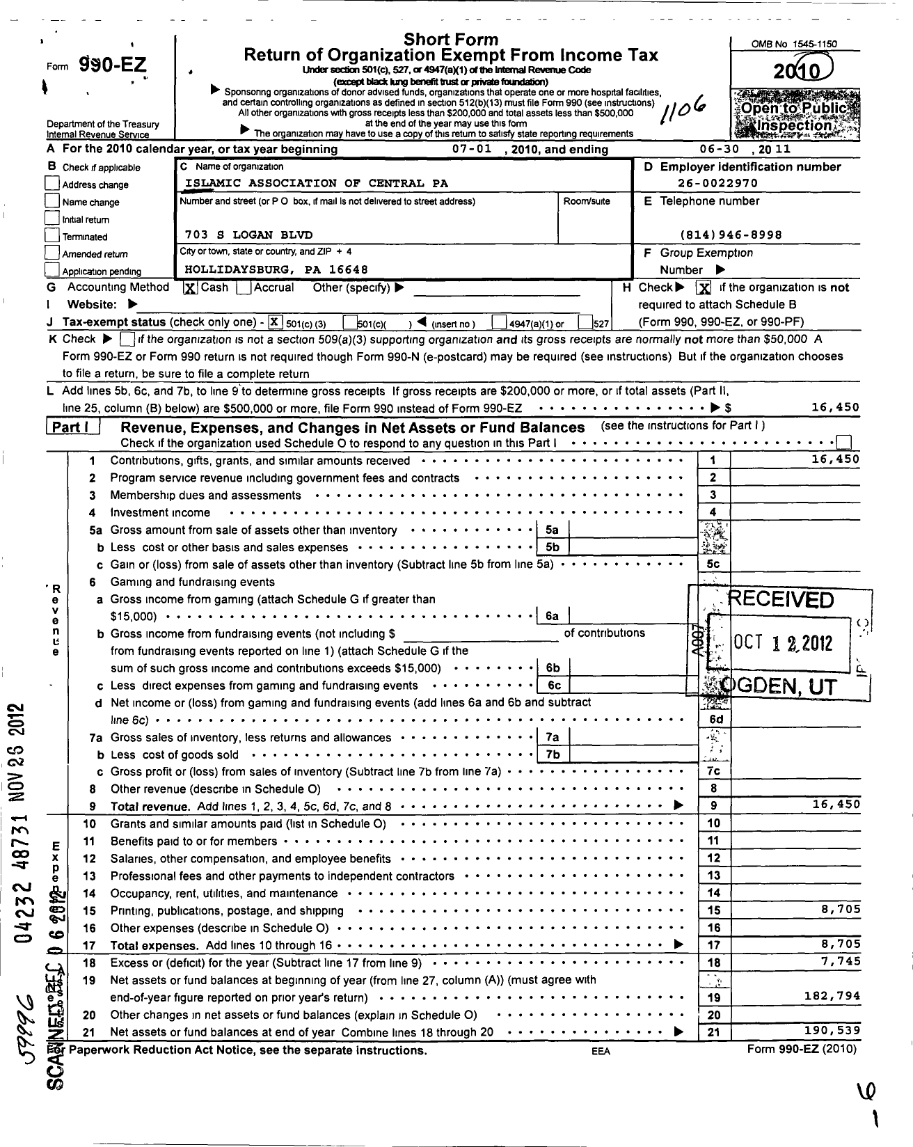 Image of first page of 2010 Form 990EZ for Islamic Association of Central Pennsylvania