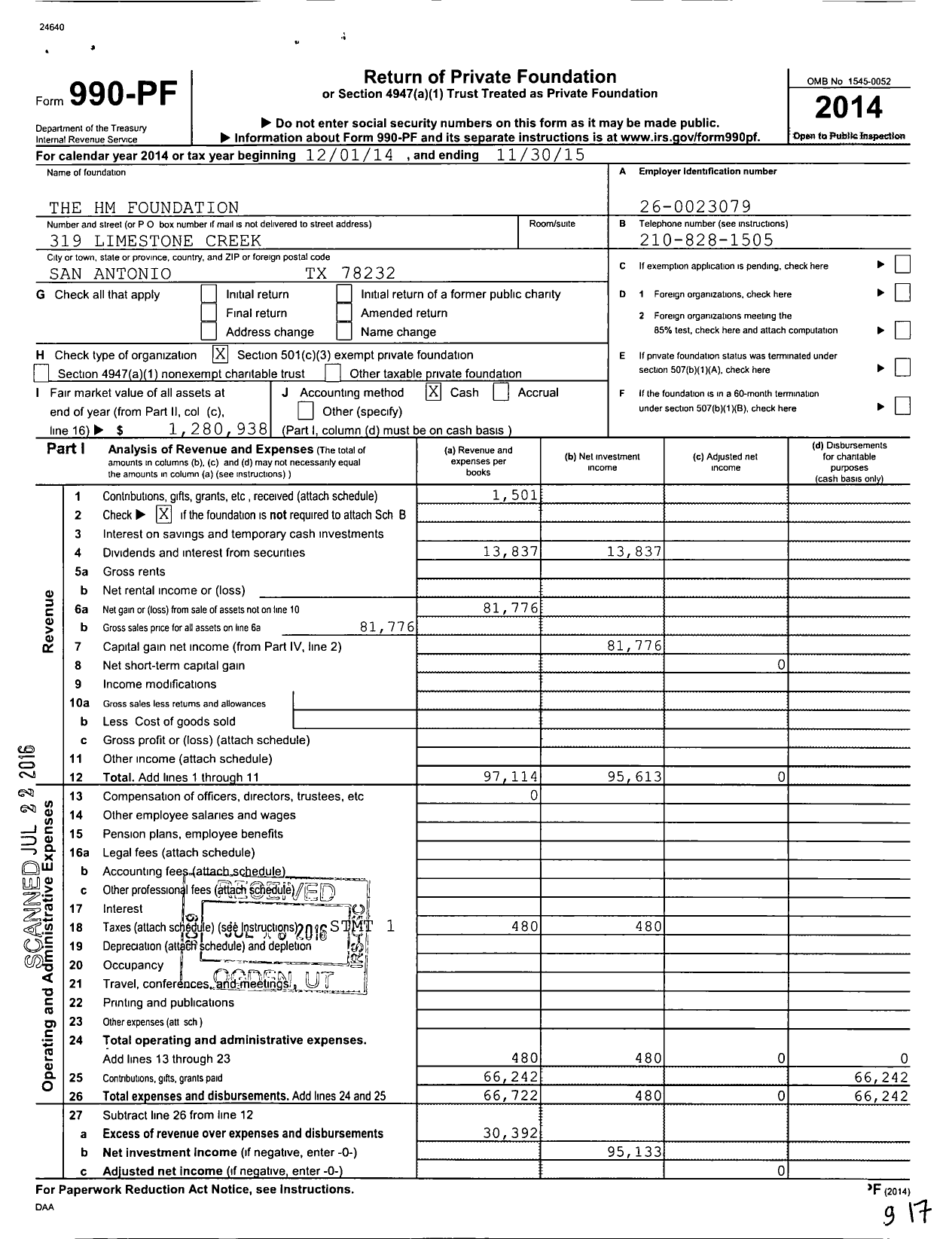 Image of first page of 2014 Form 990PF for The HM Foundation