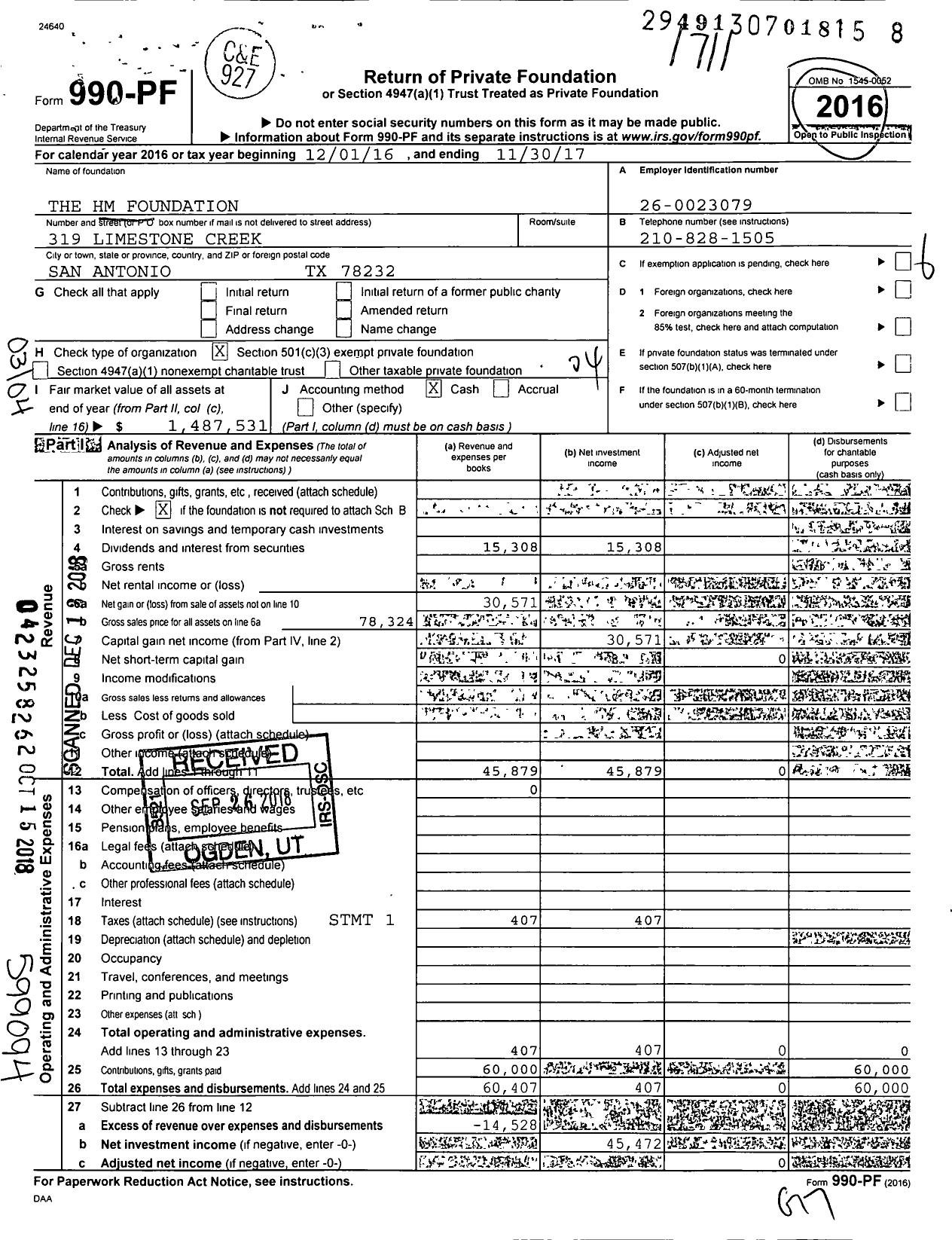 Image of first page of 2016 Form 990PF for The HM Foundation