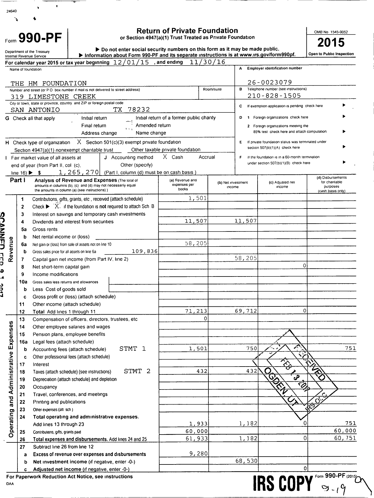 Image of first page of 2015 Form 990PF for The HM Foundation