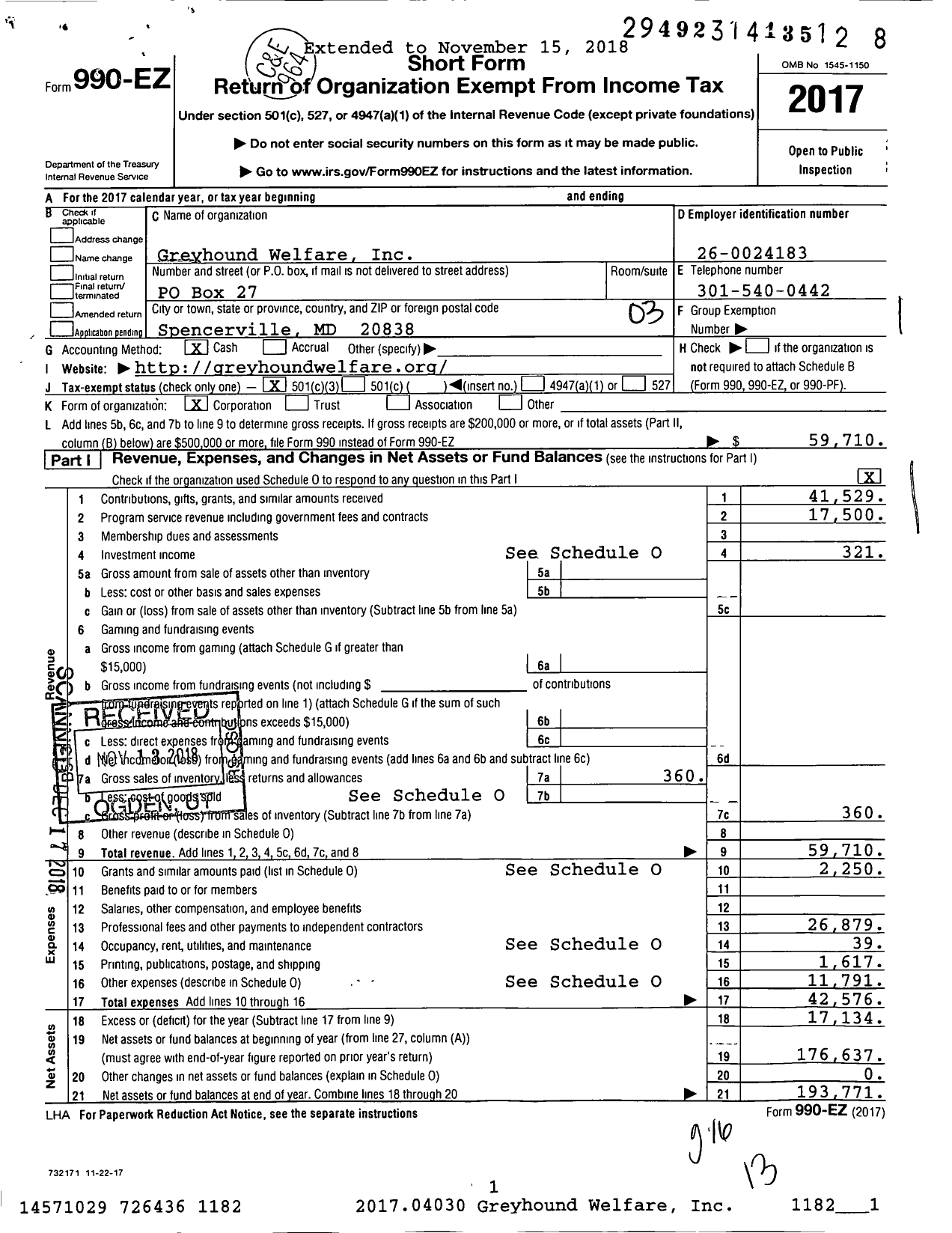 Image of first page of 2017 Form 990 for Greyhound Welfare