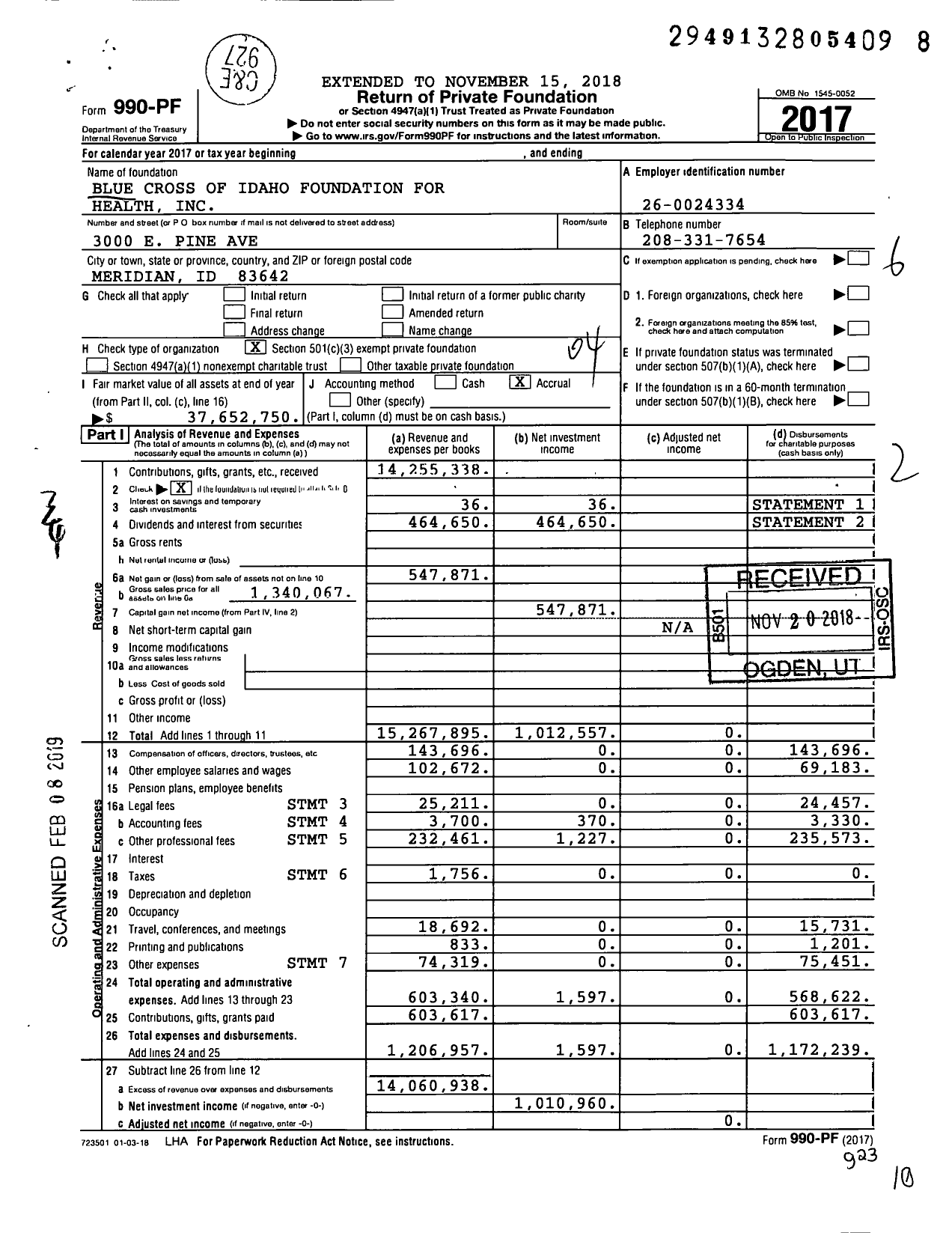 Image of first page of 2017 Form 990PF for Blue Cross of Idaho Foundation For Health