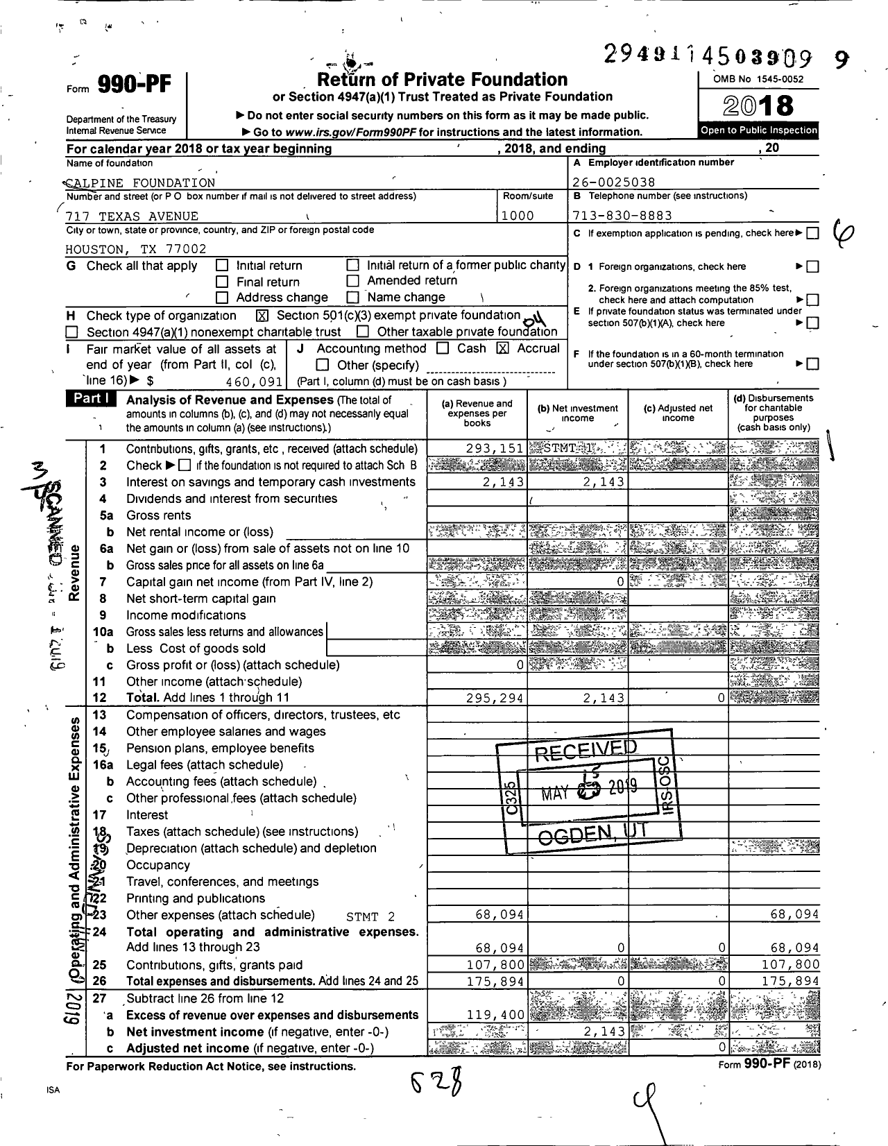 Image of first page of 2018 Form 990PF for Calpine Foundation