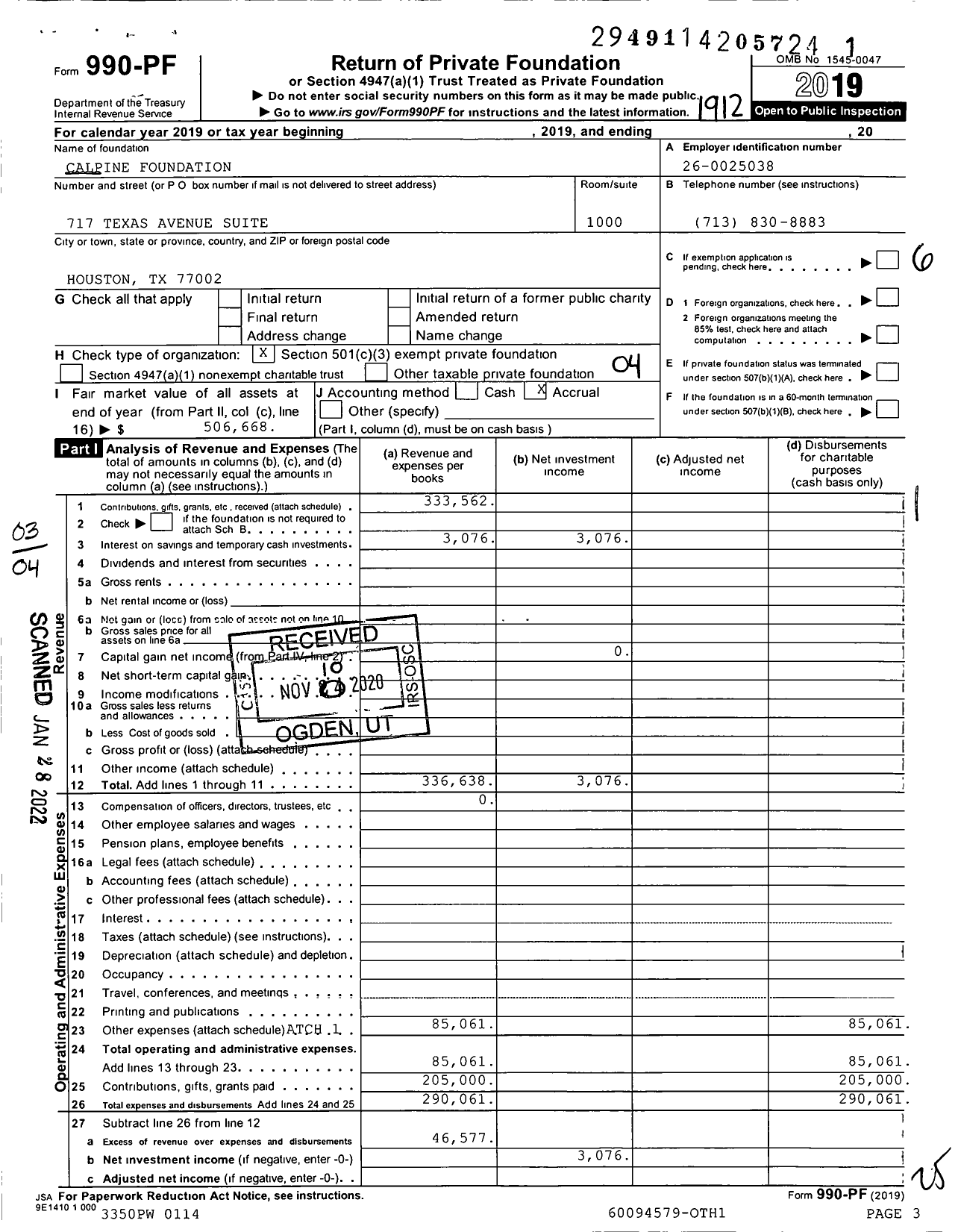 Image of first page of 2019 Form 990PF for Calpine Foundation