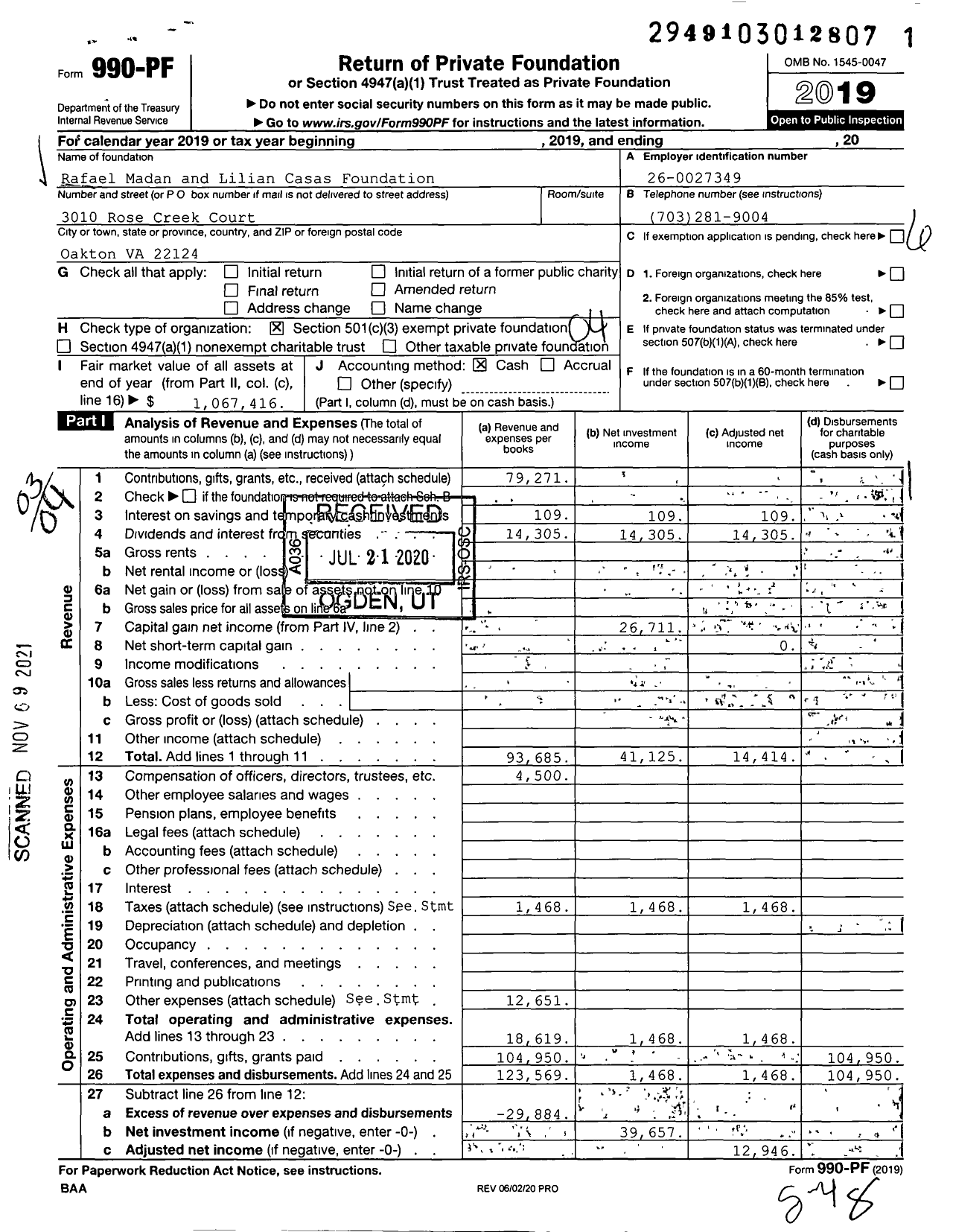 Image of first page of 2019 Form 990PF for Rafael Madan and Lilian Casas Foundation