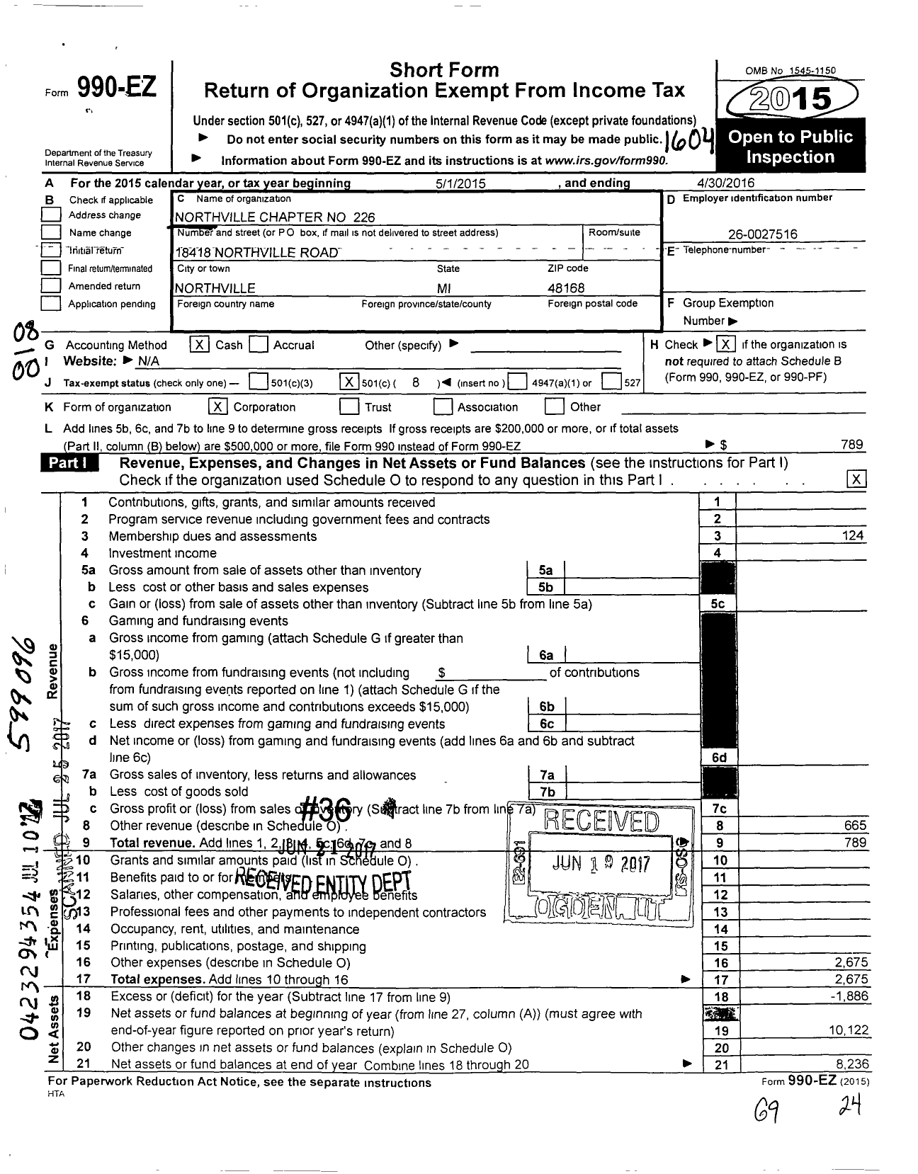 Image of first page of 2015 Form 990EO for Loyal Order of Moose - 2226