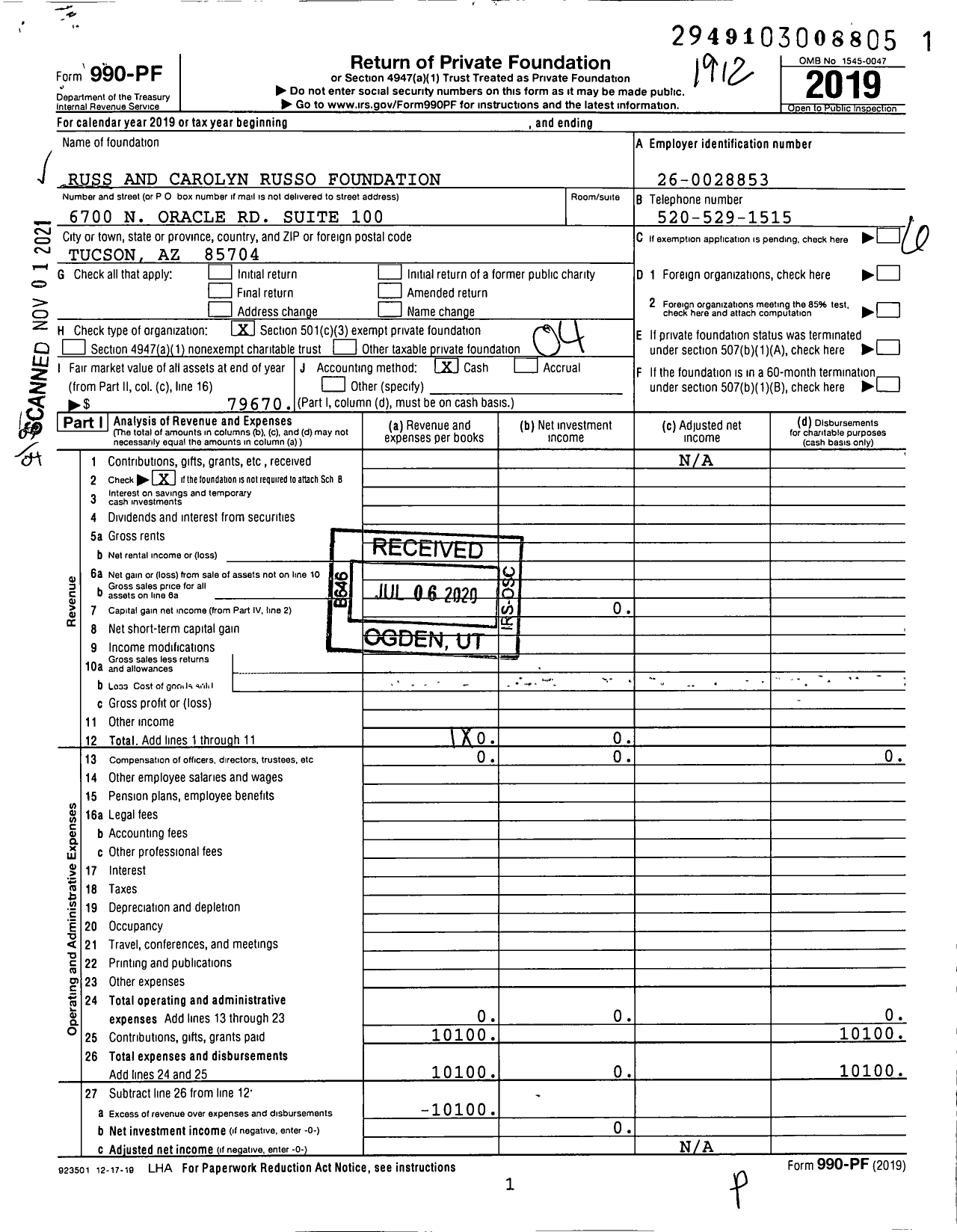 Image of first page of 2019 Form 990PF for Russ and Carolyn Russo Foundation