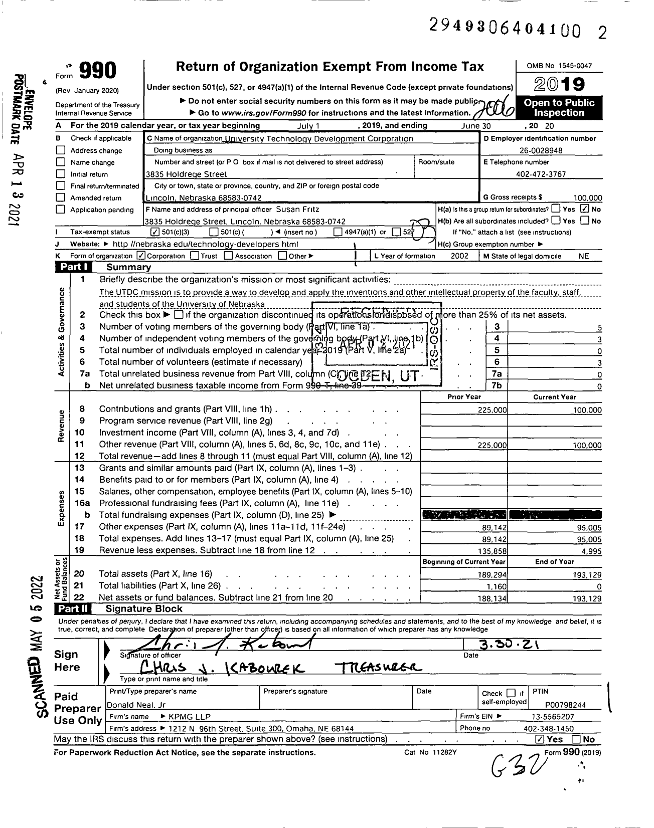 Image of first page of 2019 Form 990 for University Technology Development Corporation