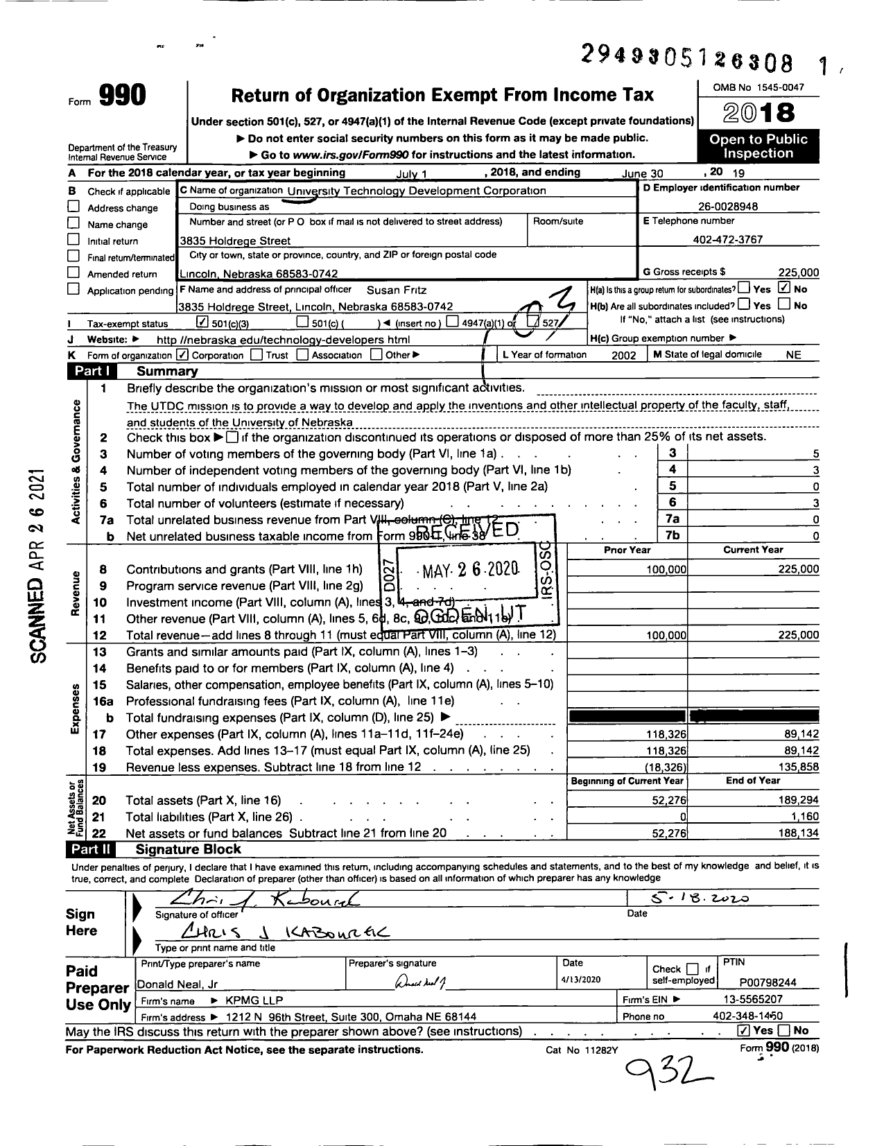 Image of first page of 2018 Form 990 for University Technology Development Corporation