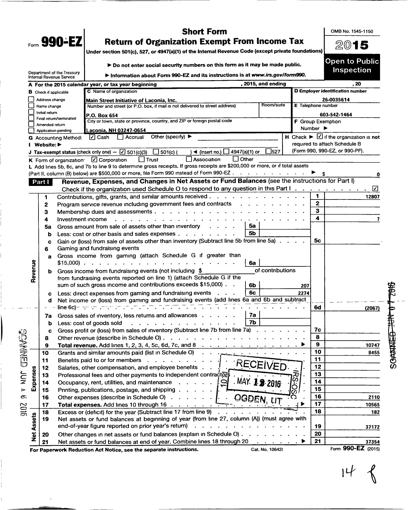 Image of first page of 2015 Form 990EZ for Main Street Initiative of Laconia