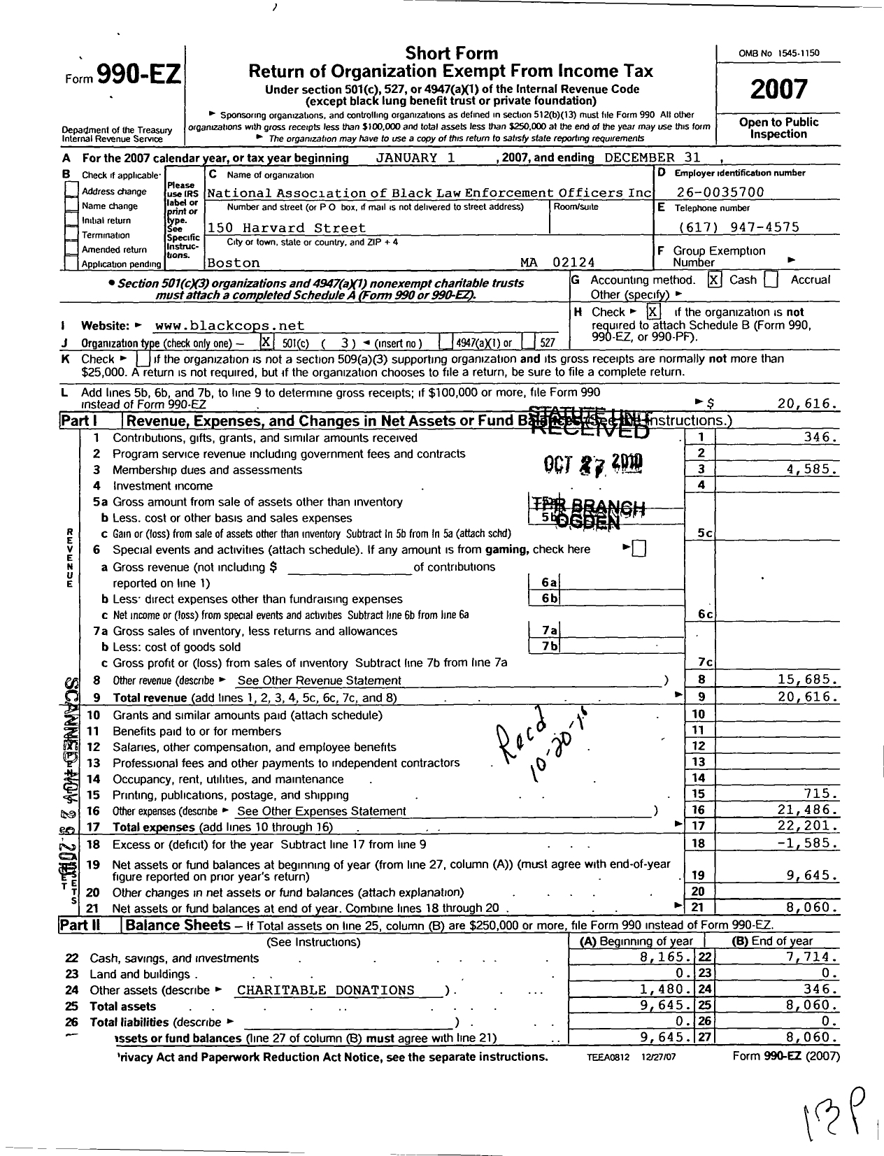 Image of first page of 2007 Form 990EZ for National Association of Black Law Enforcement Officers