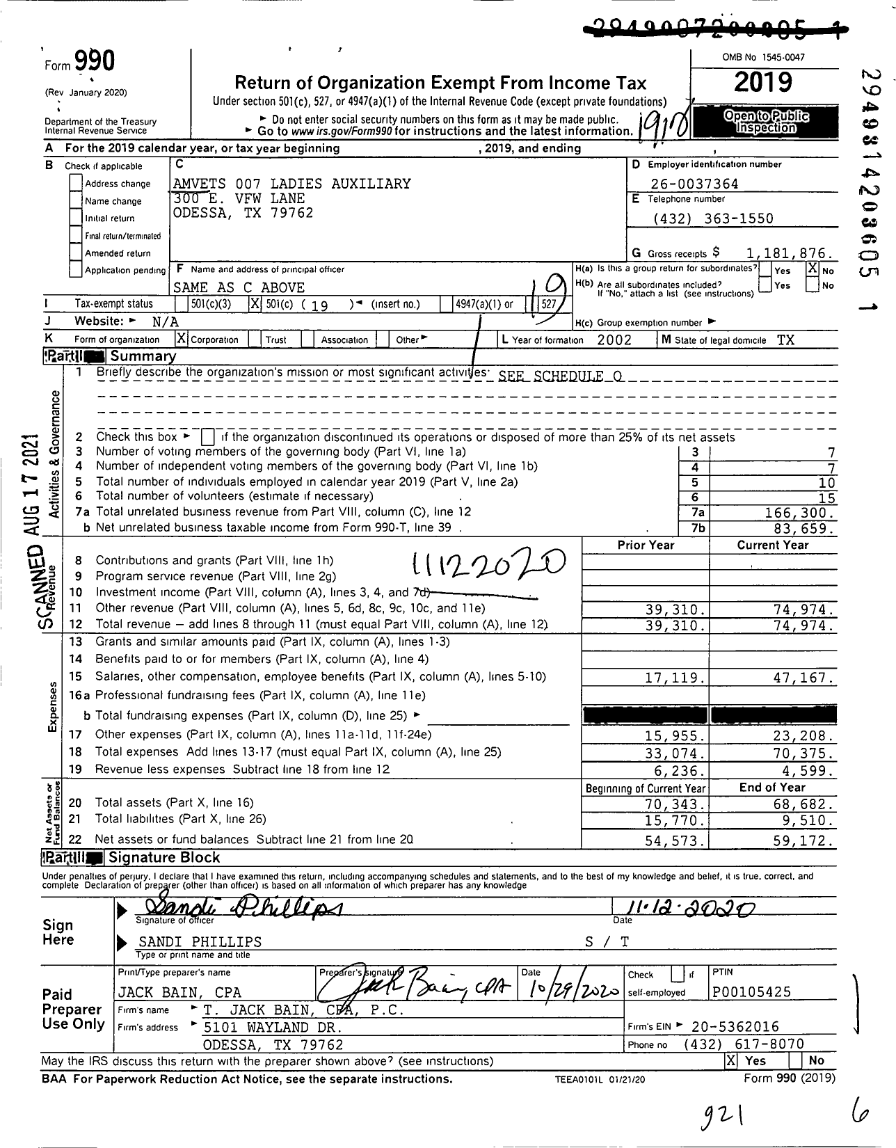 Image of first page of 2019 Form 990O for AmVets - 7 Ladies Auxiliary