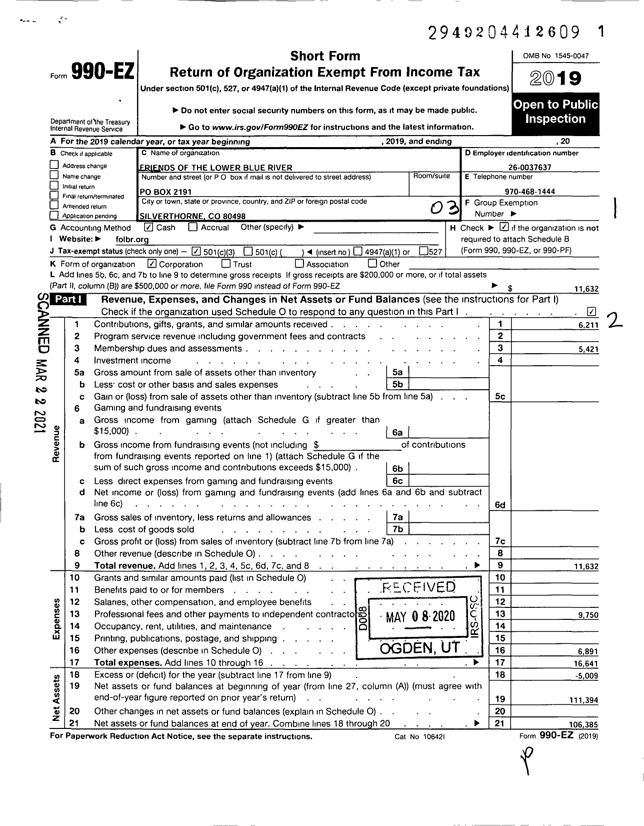 Image of first page of 2019 Form 990EZ for Friends of the Lower Blue River