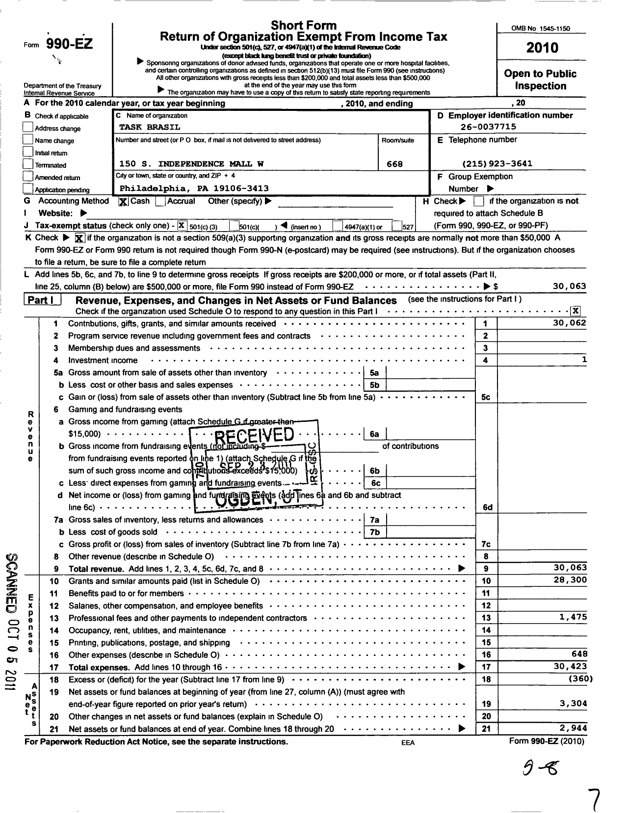 Image of first page of 2010 Form 990EZ for Task Brasil