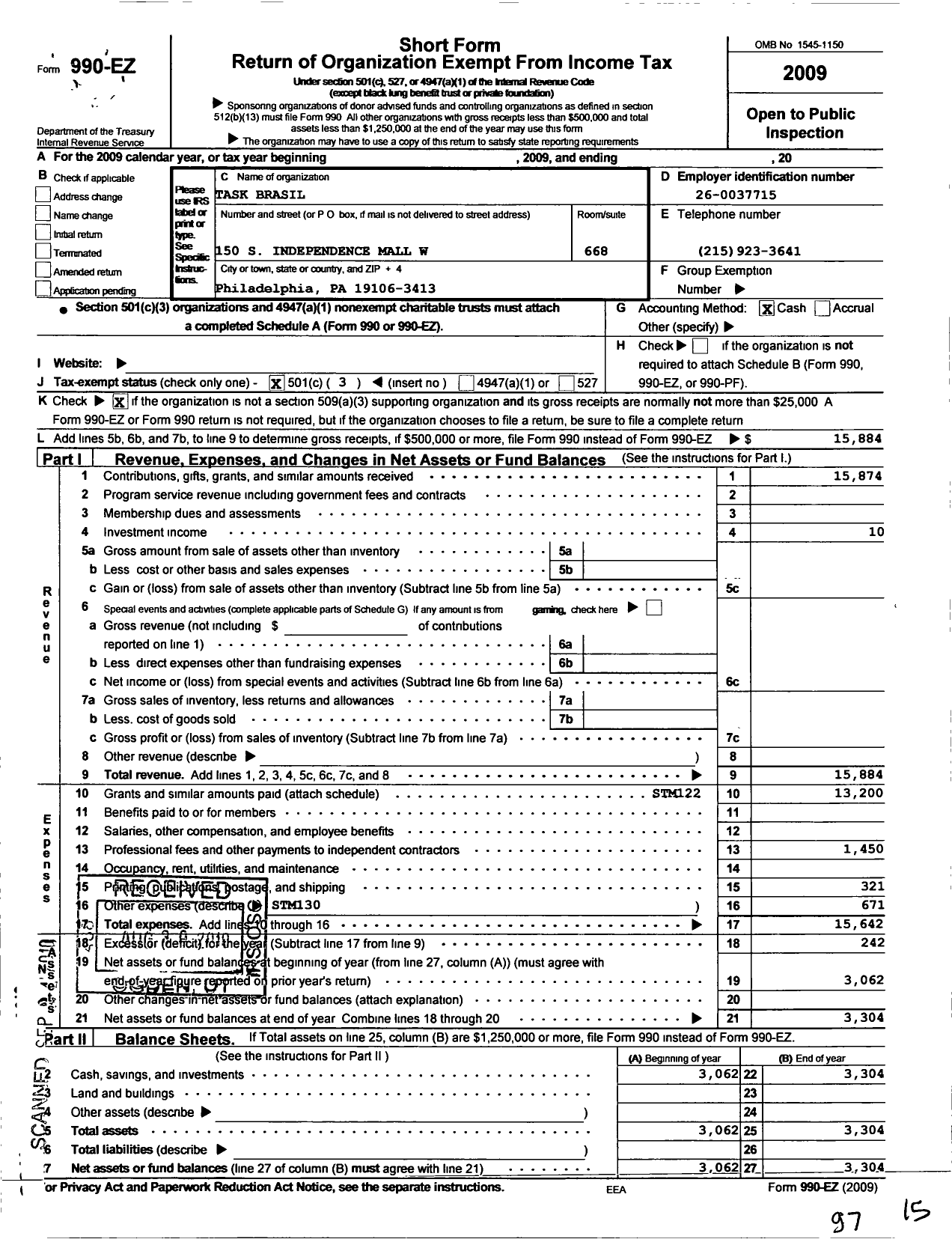 Image of first page of 2009 Form 990EZ for Task Brasil