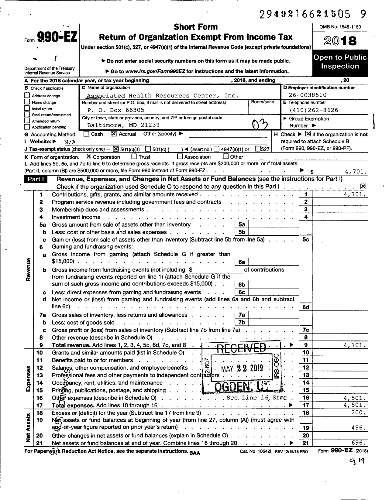 Image of first page of 2018 Form 990EZ for Associated Resources Center Incorporated