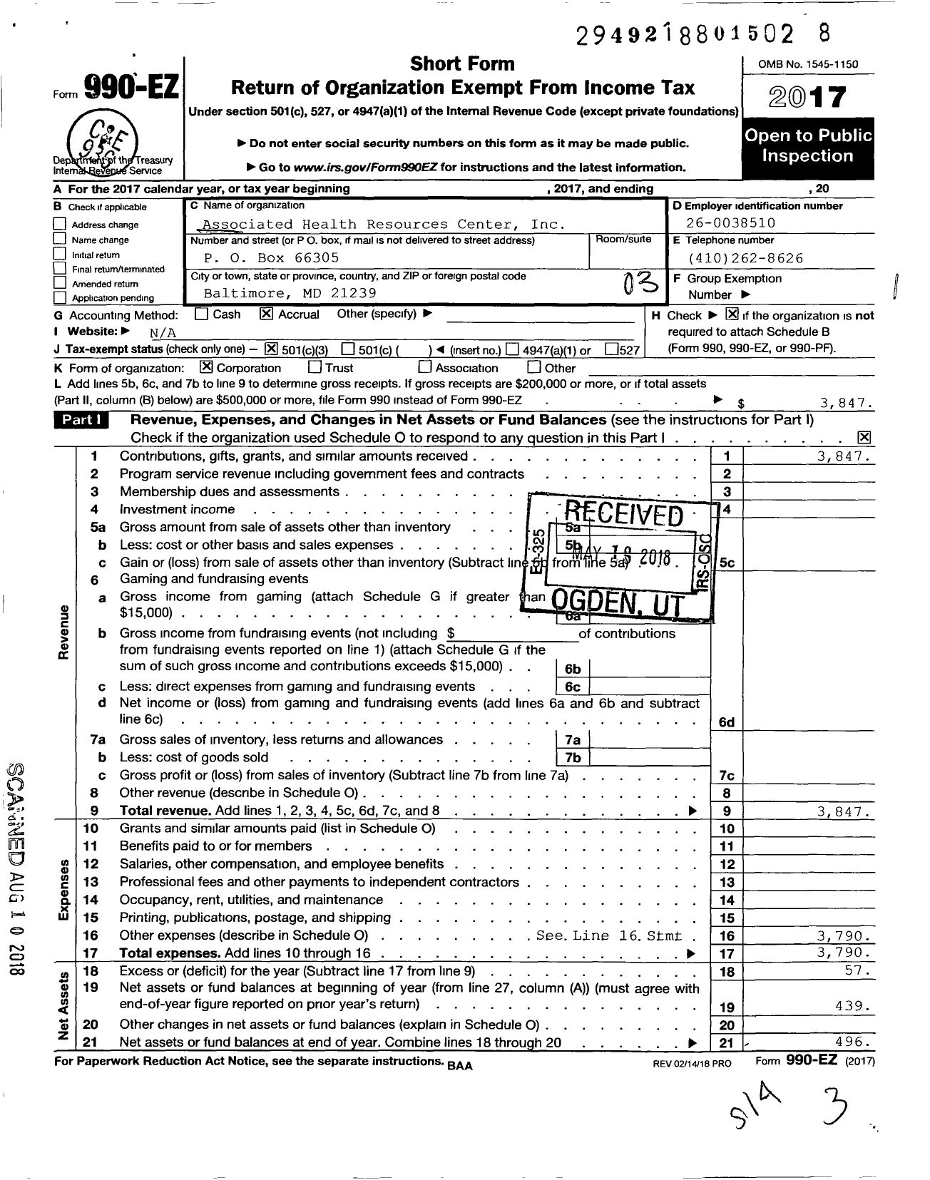 Image of first page of 2017 Form 990EZ for Associated Resources Center Incorporated