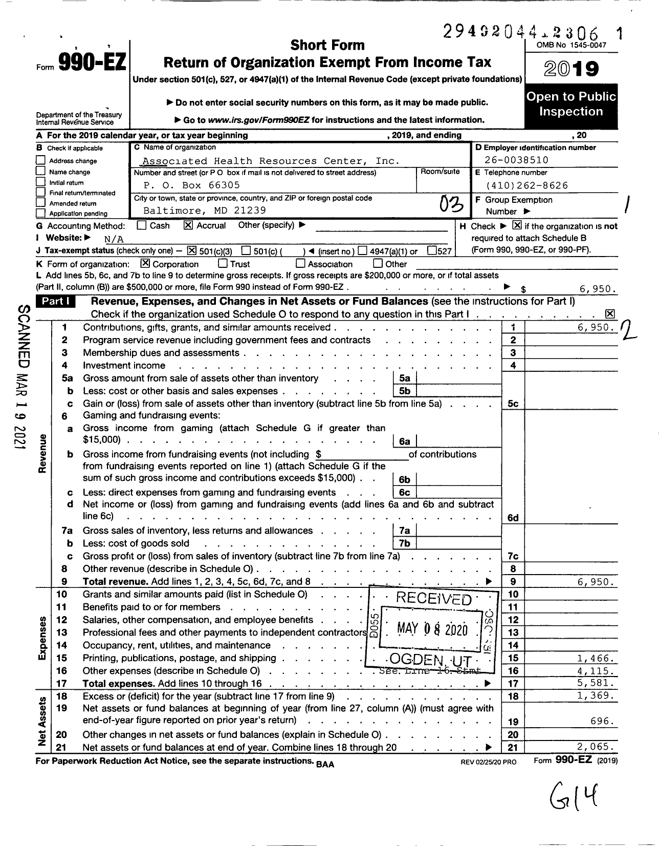 Image of first page of 2019 Form 990EZ for Associated Resources Center Incorporated